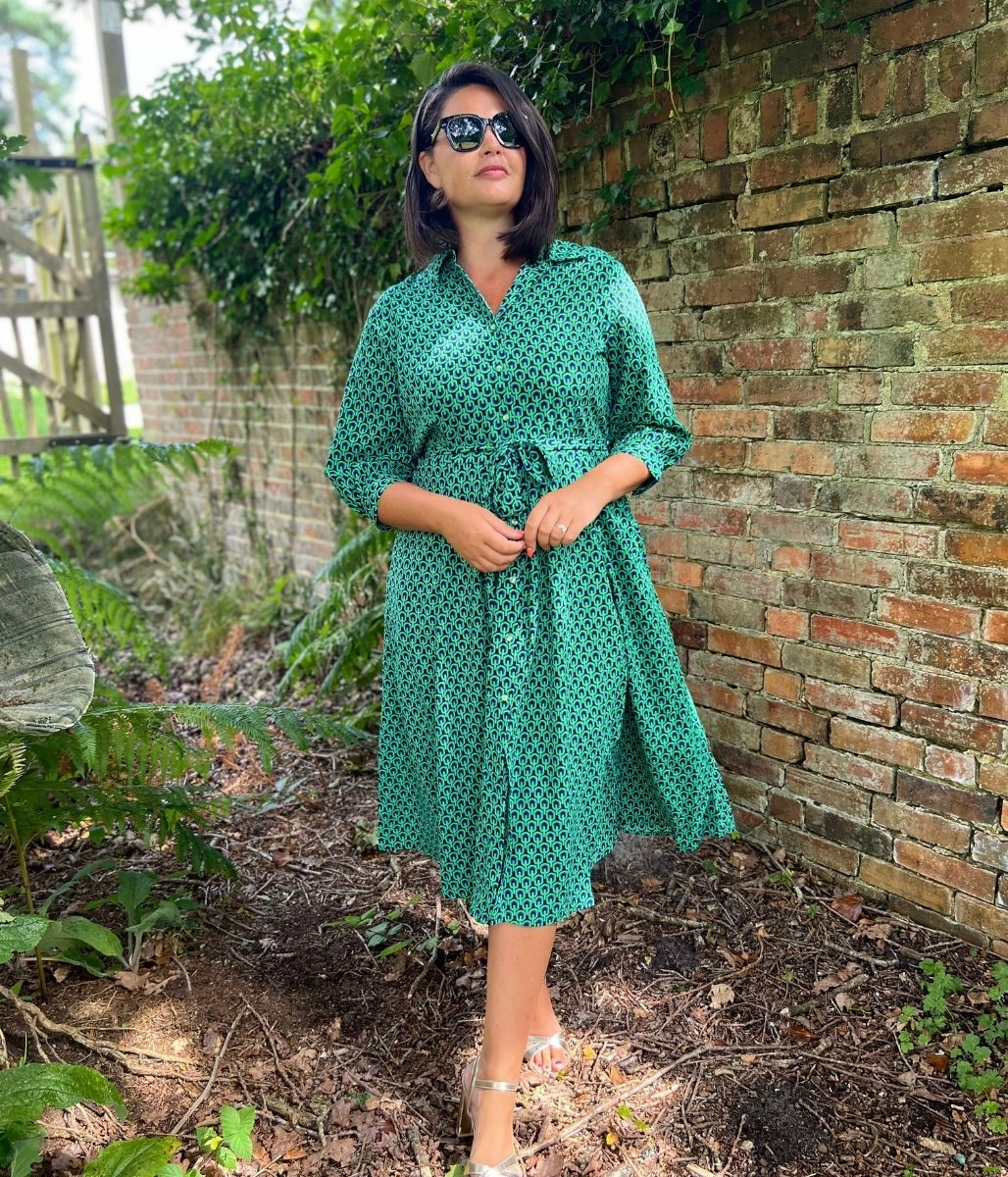 Basic Fashion Night Style Green Geo Print Midi Shirt Dress