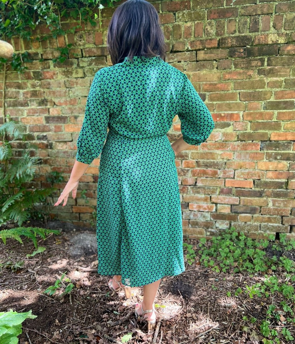 Green Geo Print Midi Shirt Dress Bow Soft