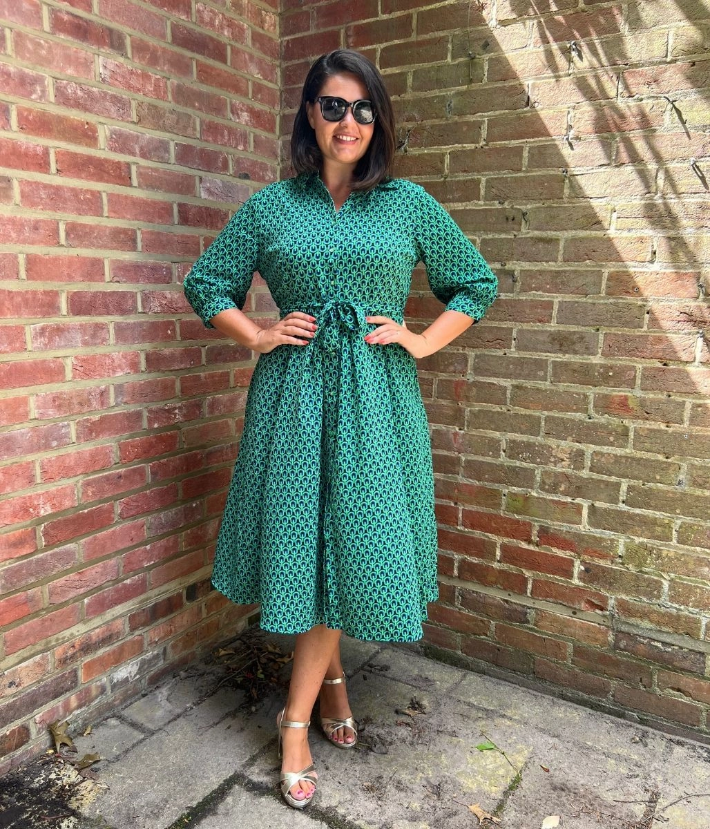 Green Geo Print Midi Shirt Dress Sleek Drape
