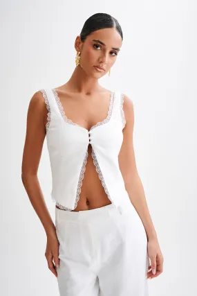 Flowing Design DoubleStitched Construction Franca Linen Sleeveless Top - White