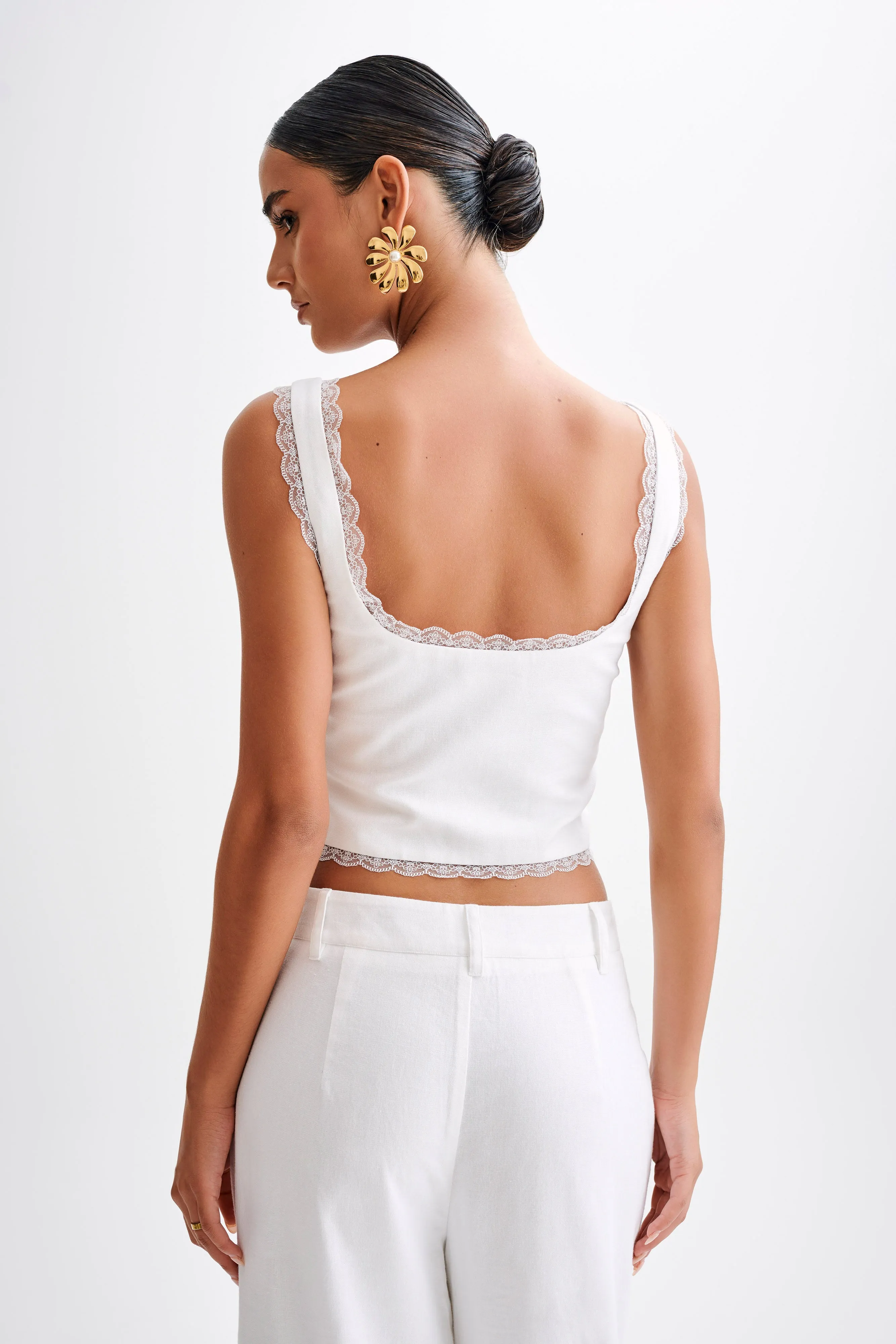 Franca Linen Sleeveless Top - White Interlock Stitch Detail