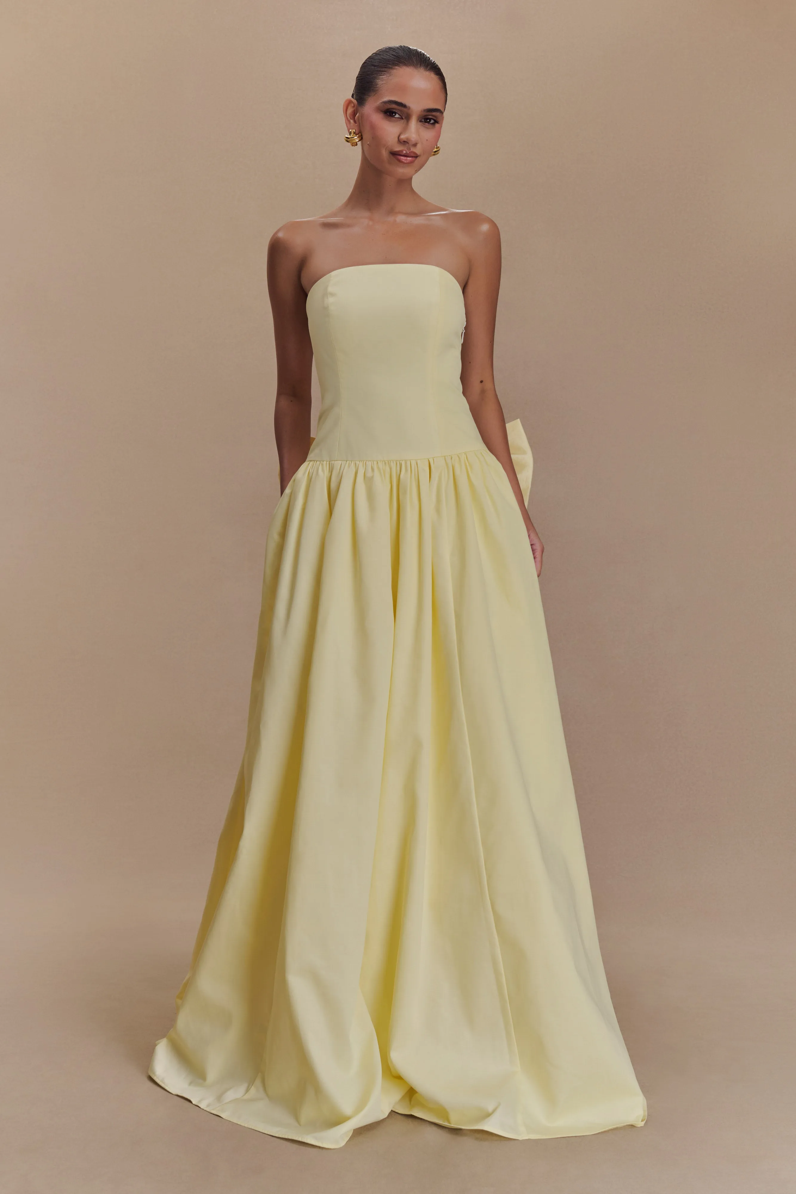 Frances Strapless Bow Maxi Dress - Lemon Hidden Zipper Autumn Look
