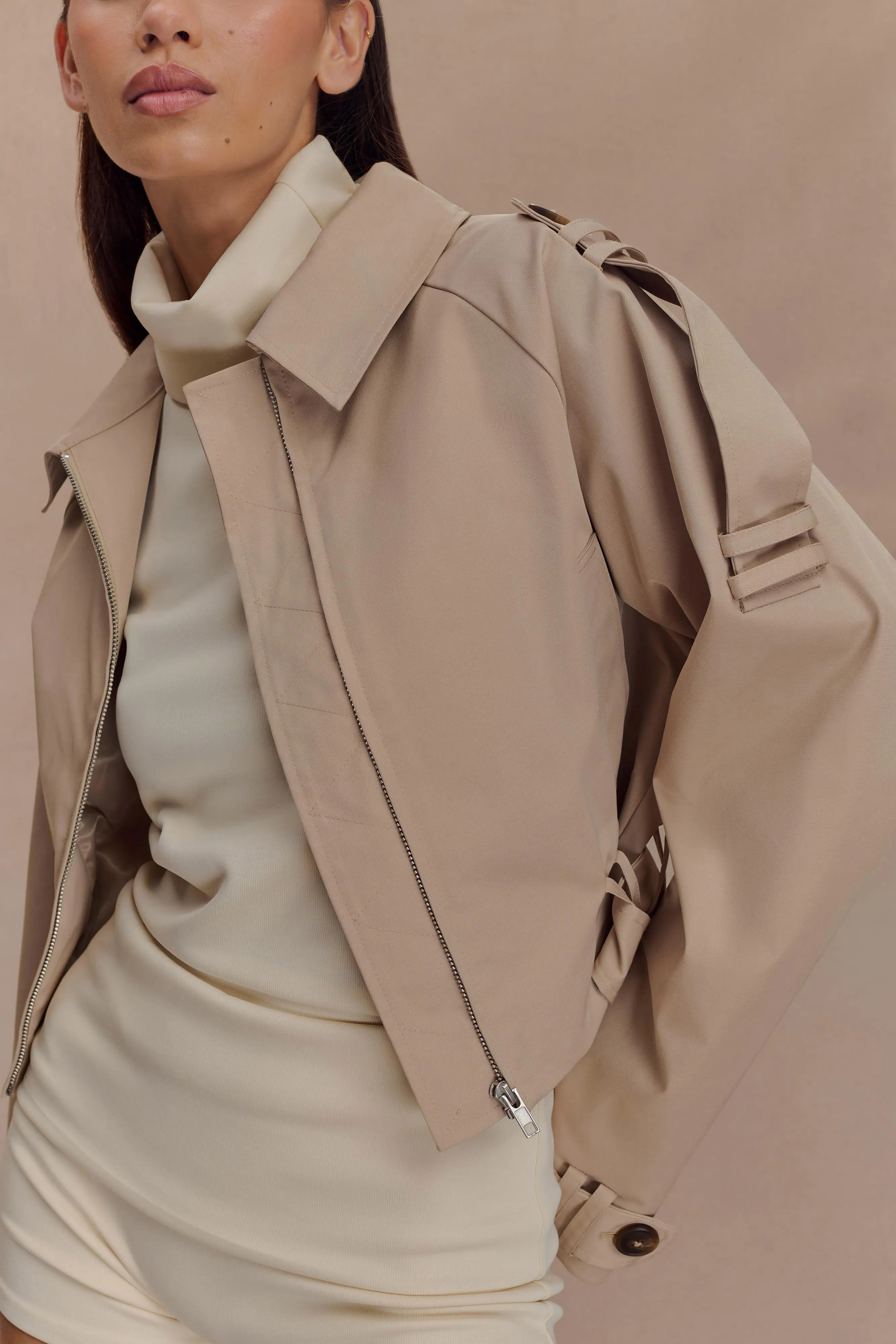 Embellished Trim Frank Cropped Collared Jacket - Camel