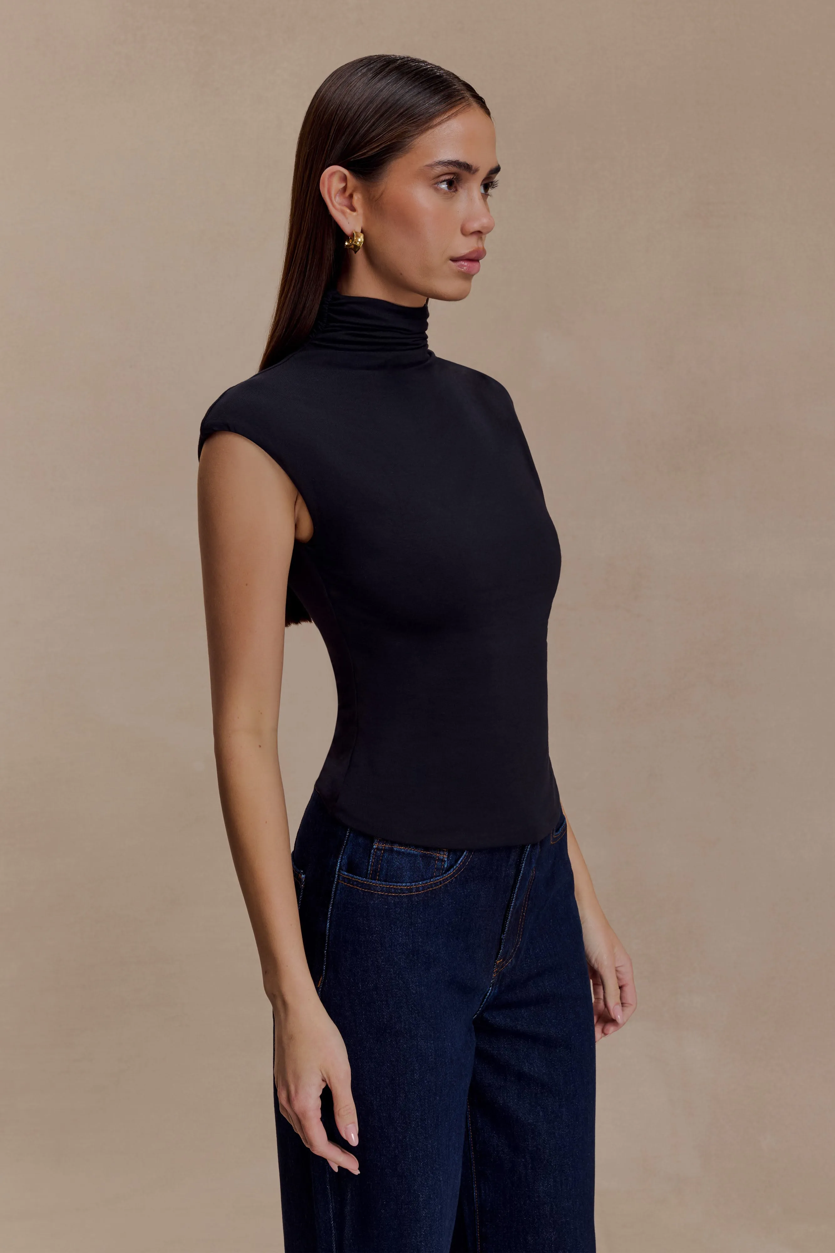 TumbleDryFriendlyMaterial VNeckline Freesia High Neck Sleeveless Top - Black