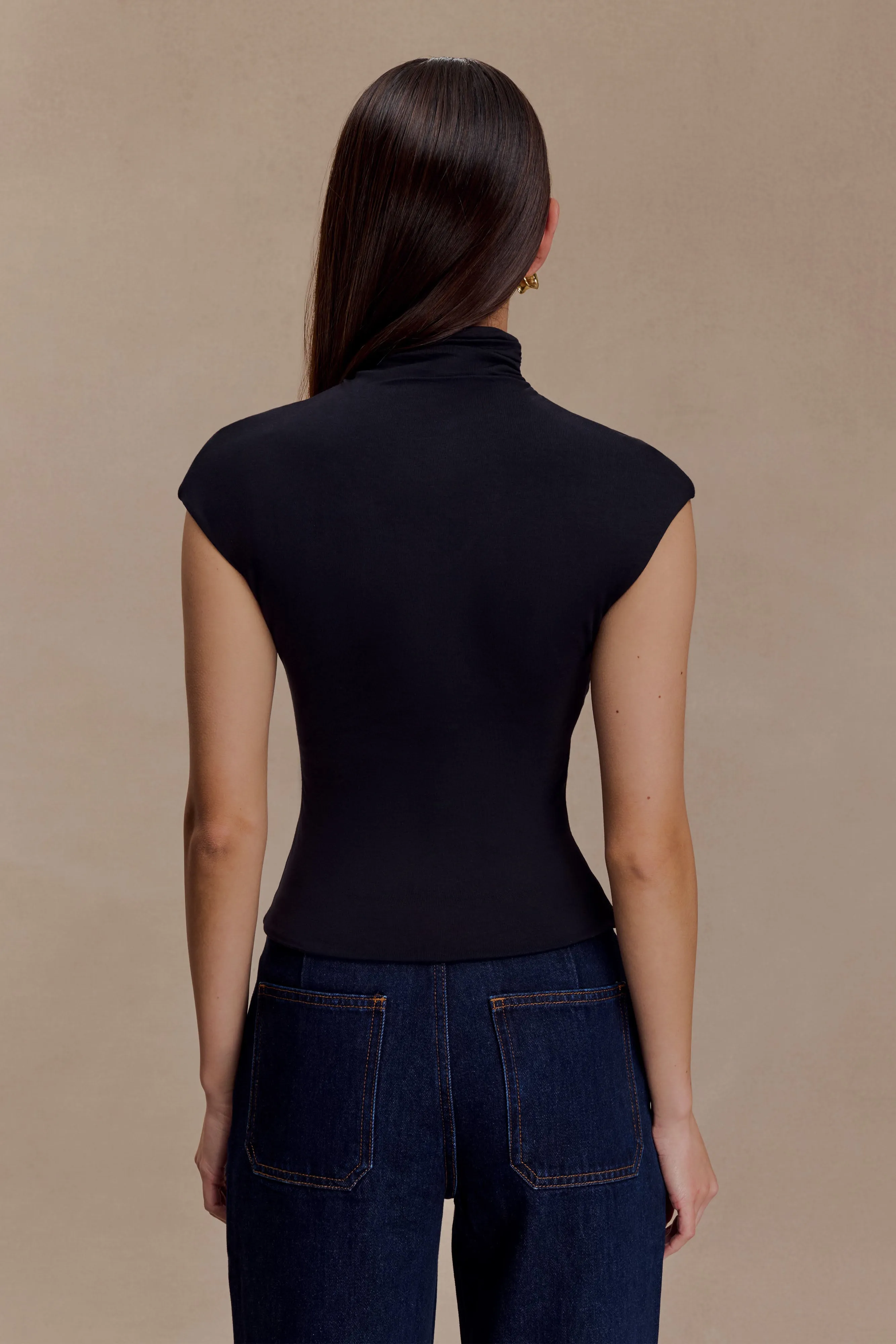 Freesia High Neck Sleeveless Top - Black Elasticated Hem Long Sleeve Tee