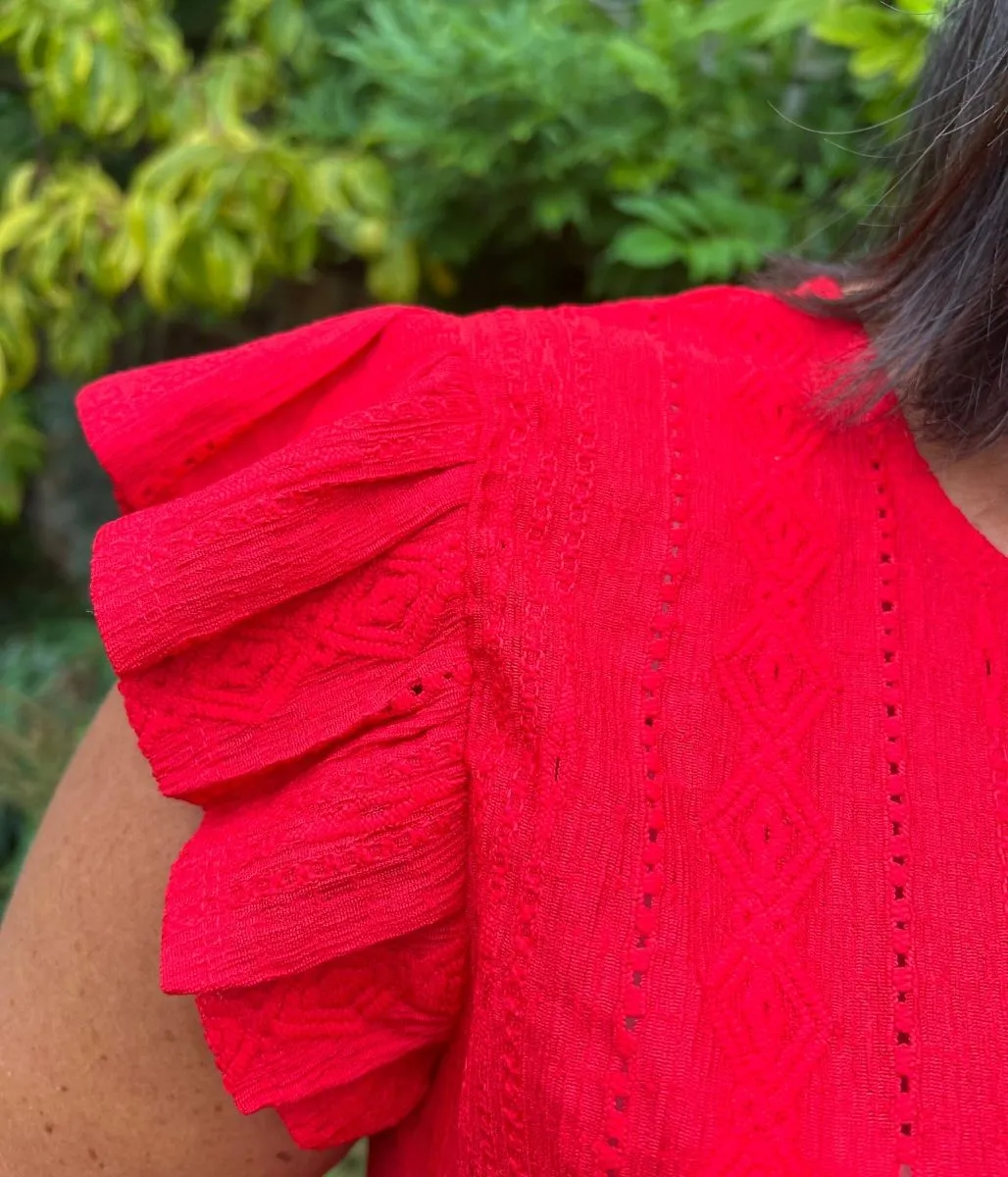 Red Frill Sleeve Broderie Anglaise Top Adaptable Outfit