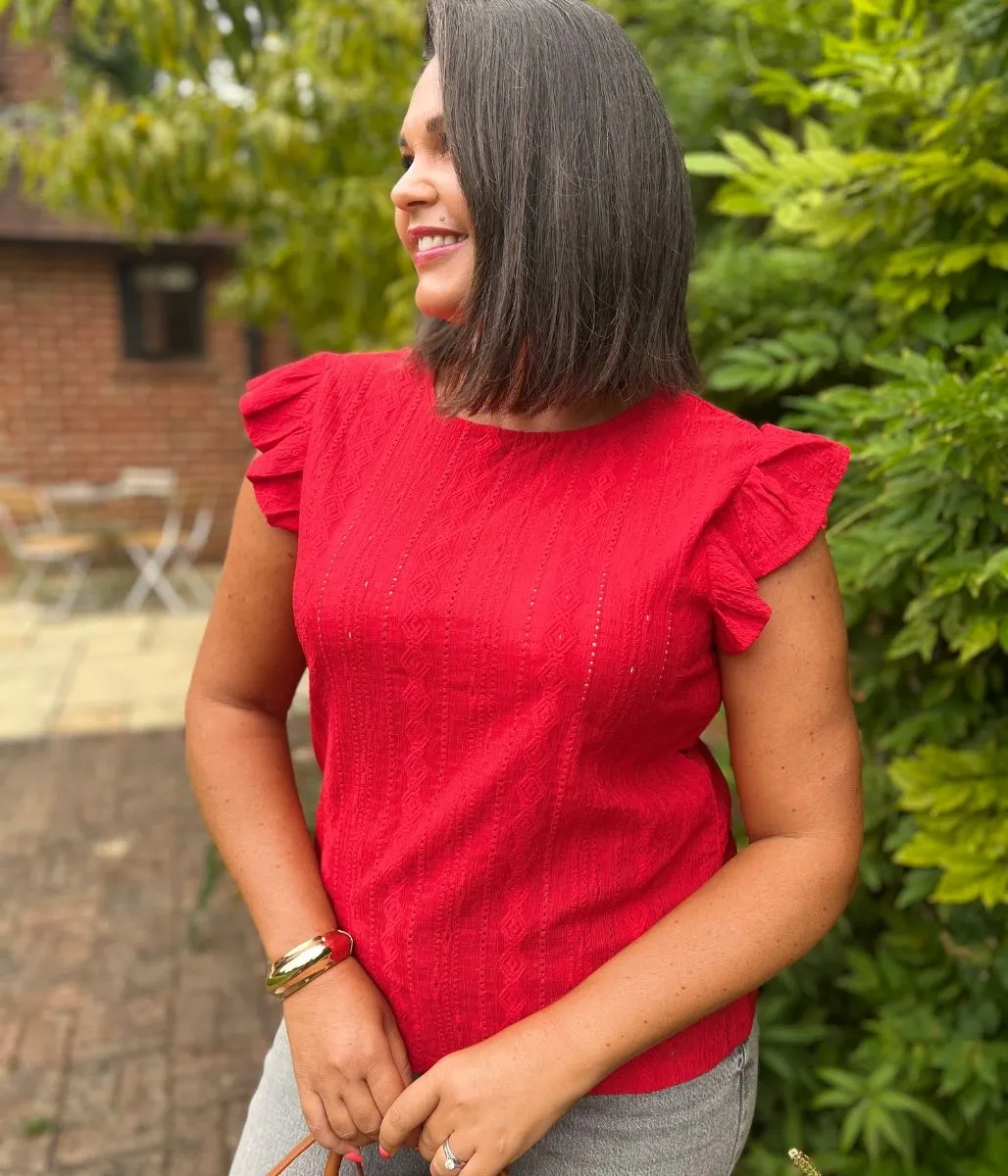 Picnic Fun Open Glow Red Frill Sleeve Broderie Anglaise Top