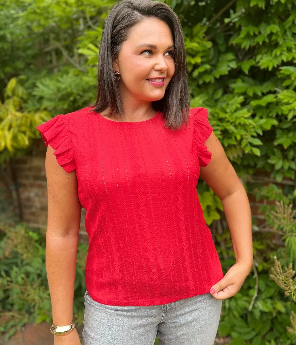 Red Frill Sleeve Broderie Anglaise Top ElasticFree