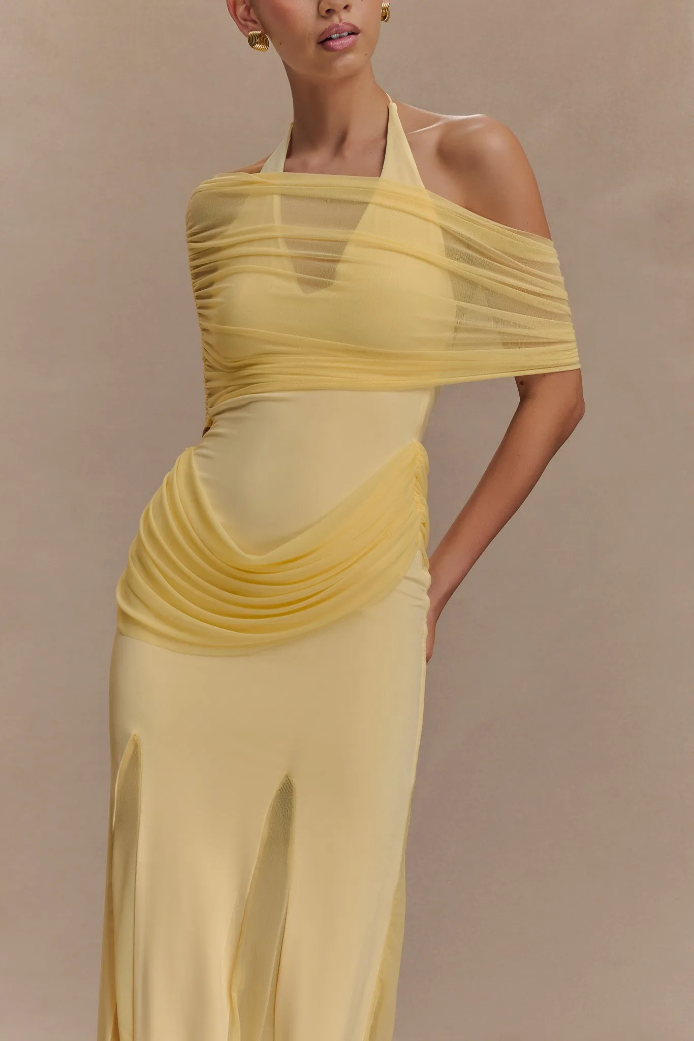 Villa Light Bold Cut Gabrielle Slinky And Mesh Maxi Dress - Lemon