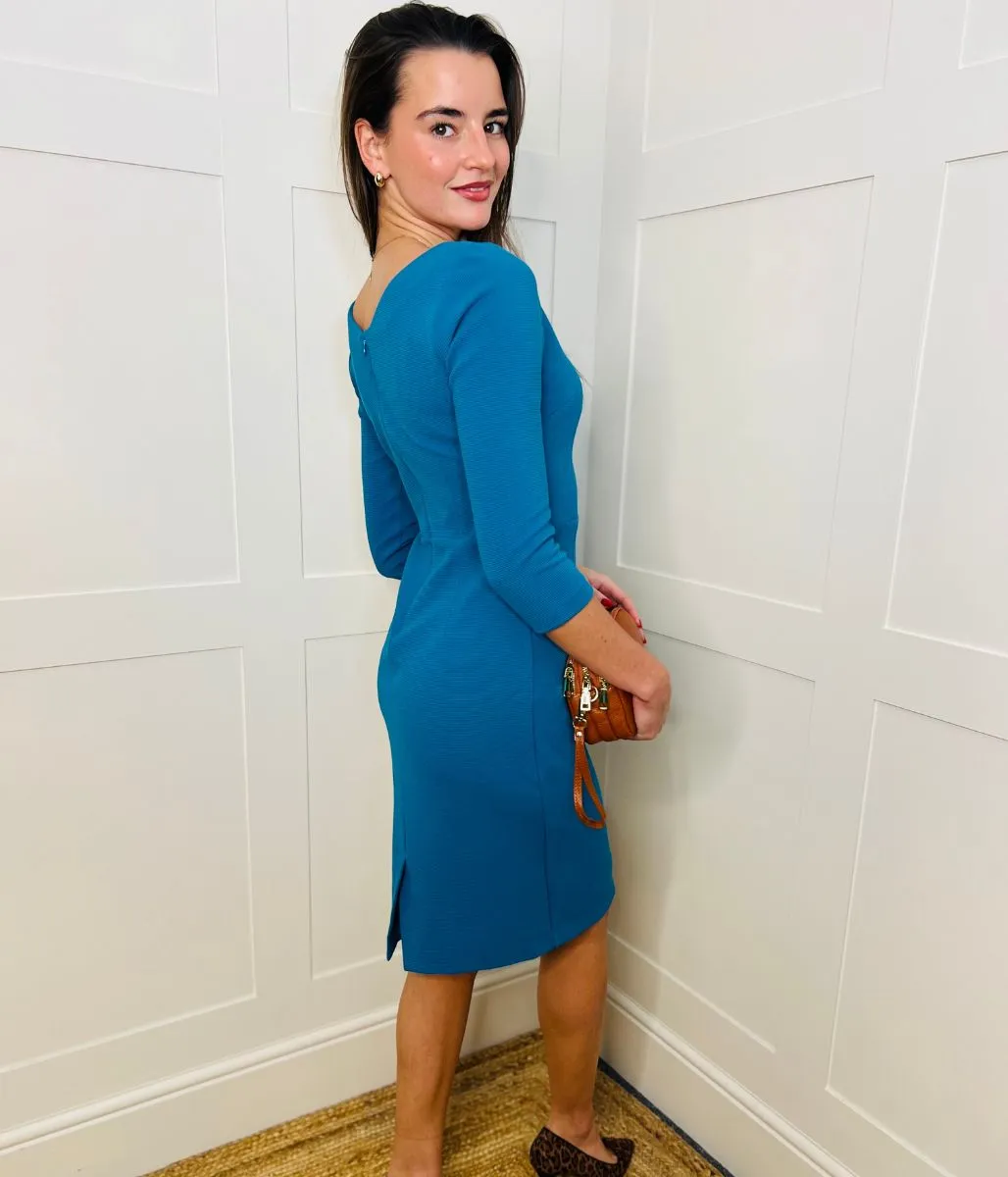 Teal Ottoman Ribbed V Neck Dress Fitted Design Bright Mood