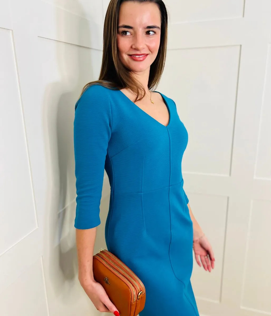 Summer Ready Romantic Soft Teal Ottoman Ribbed V Neck Dress