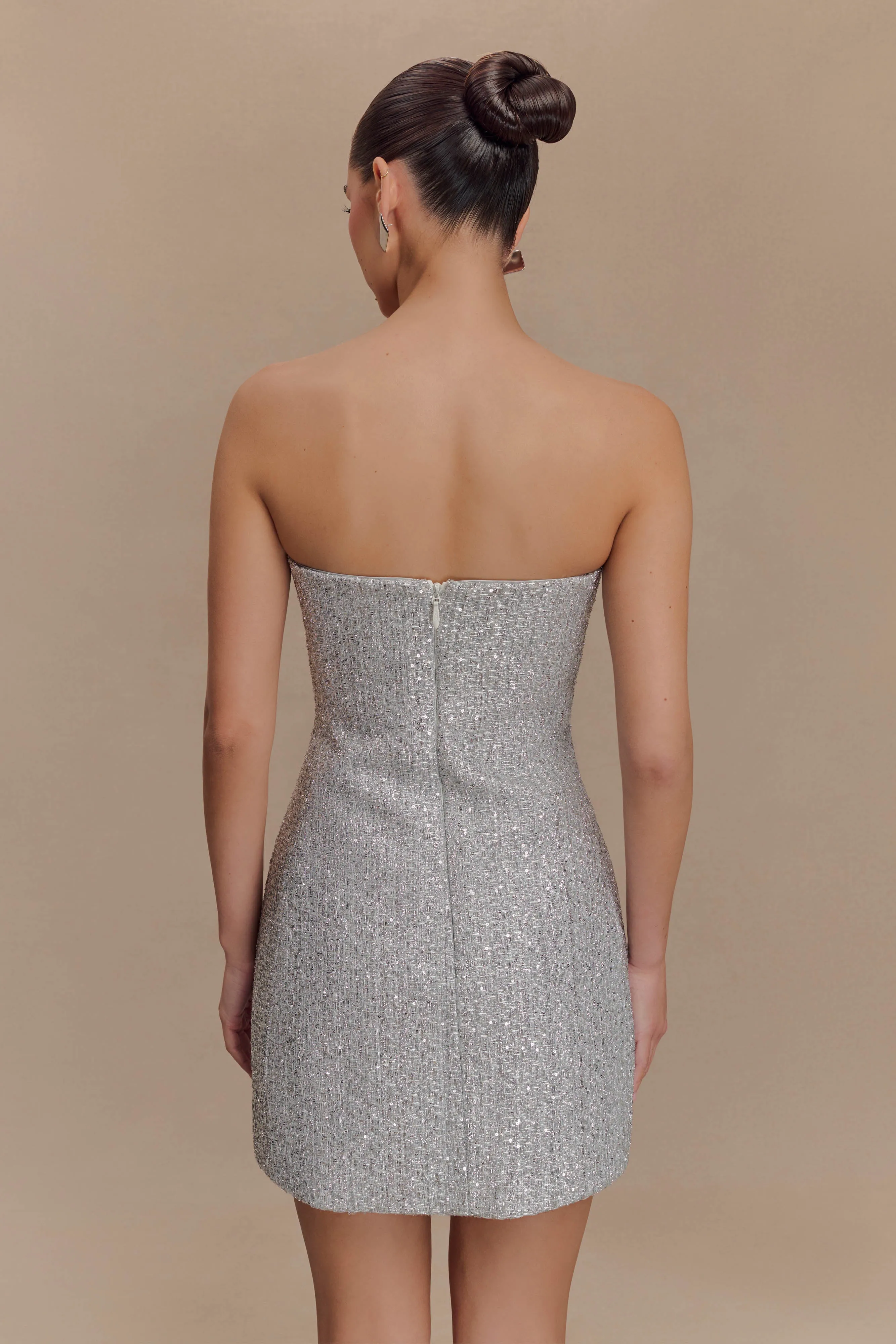DurableStitching Vibrant color Gala Strapless Tweed Mini Dress - Silver