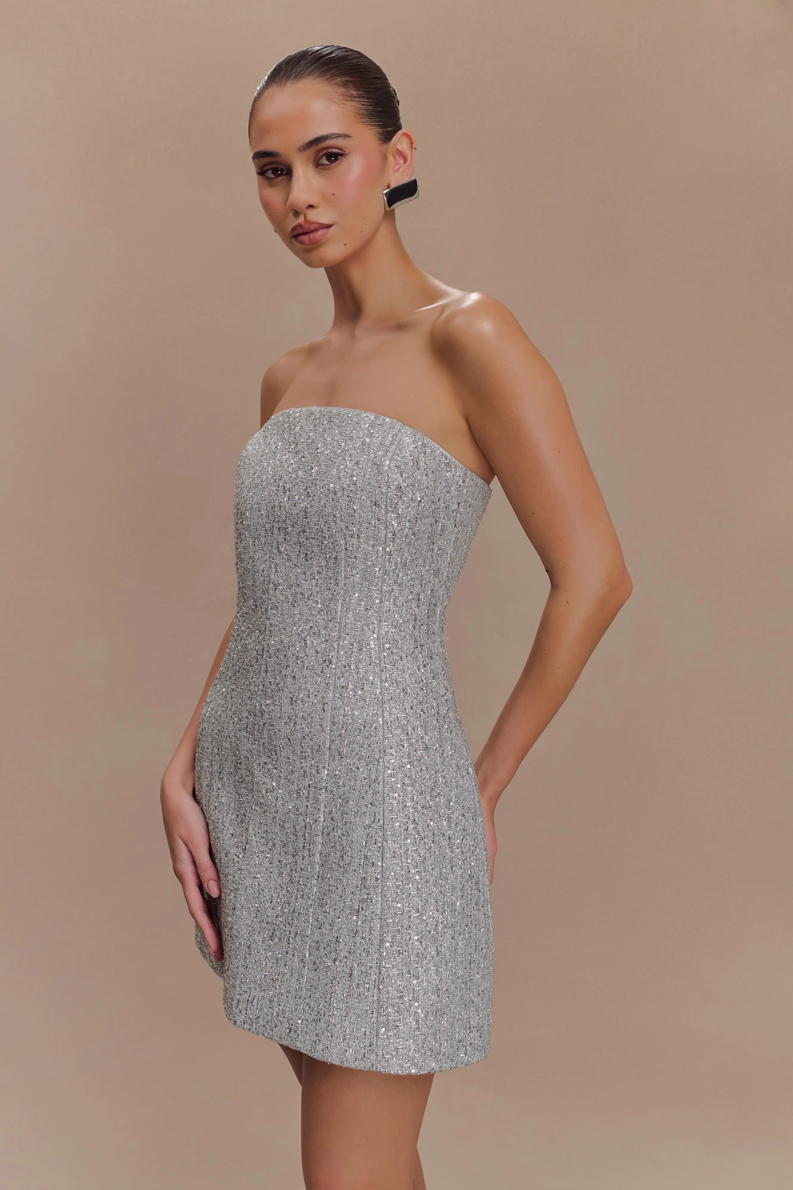 Daily Casual Gala Strapless Tweed Mini Dress - Silver