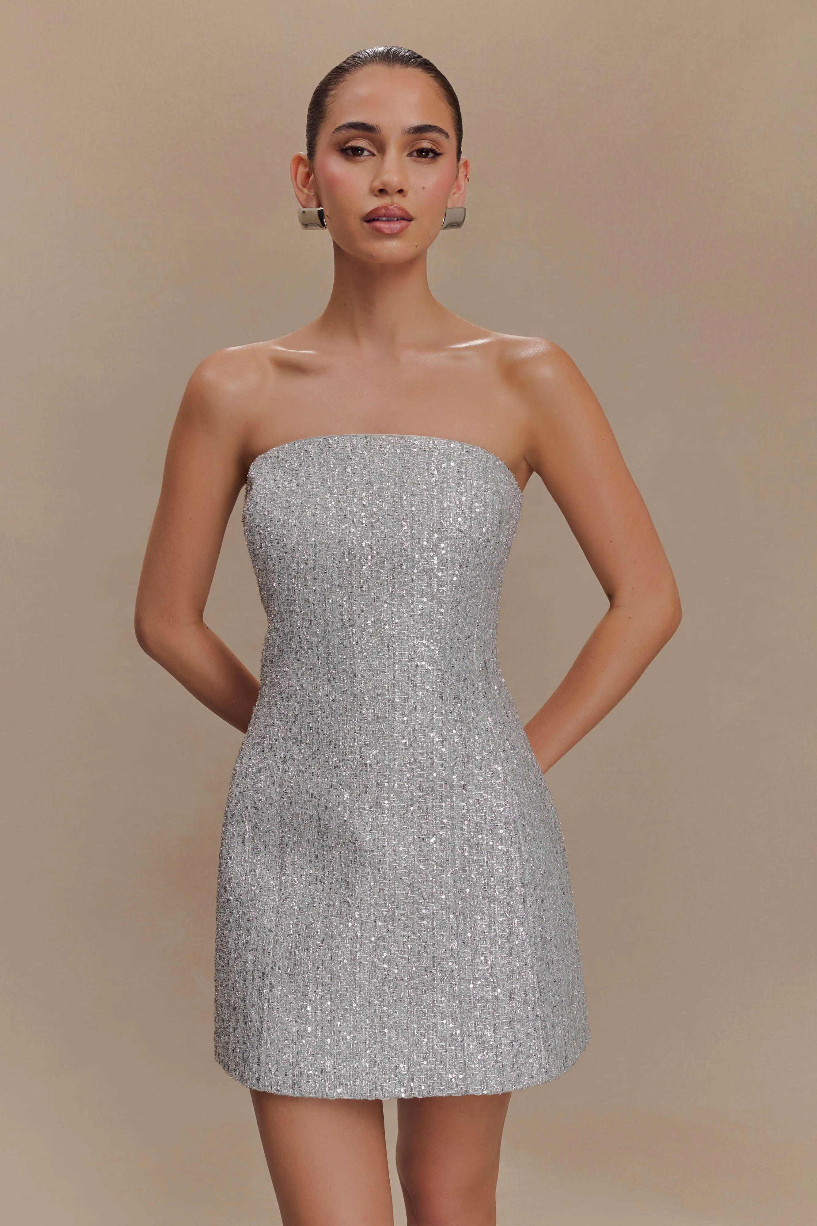 Bust-Enhancing Gala Strapless Tweed Mini Dress - Silver