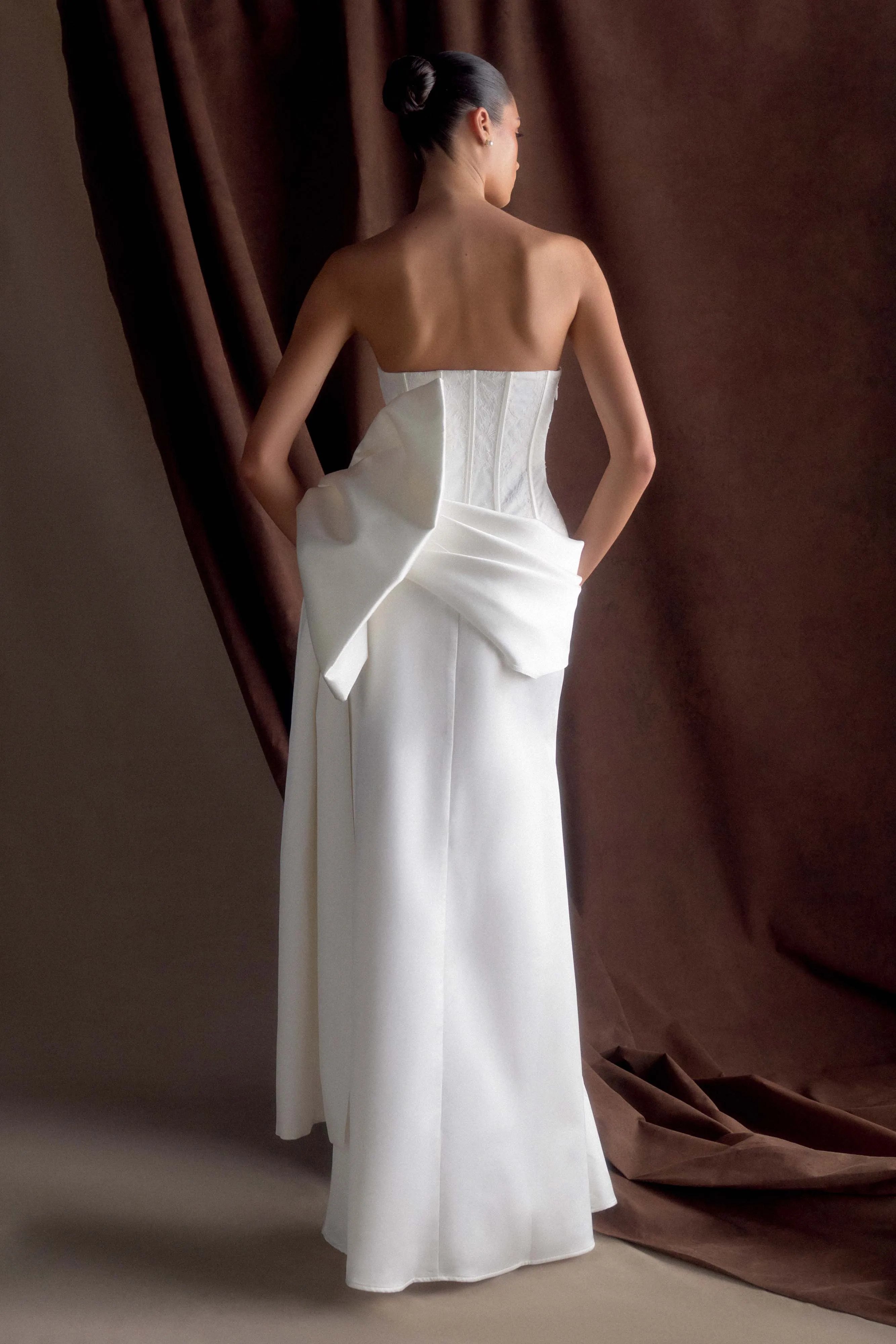 Sleeveless Cut Galia Satin Corset Gown - White