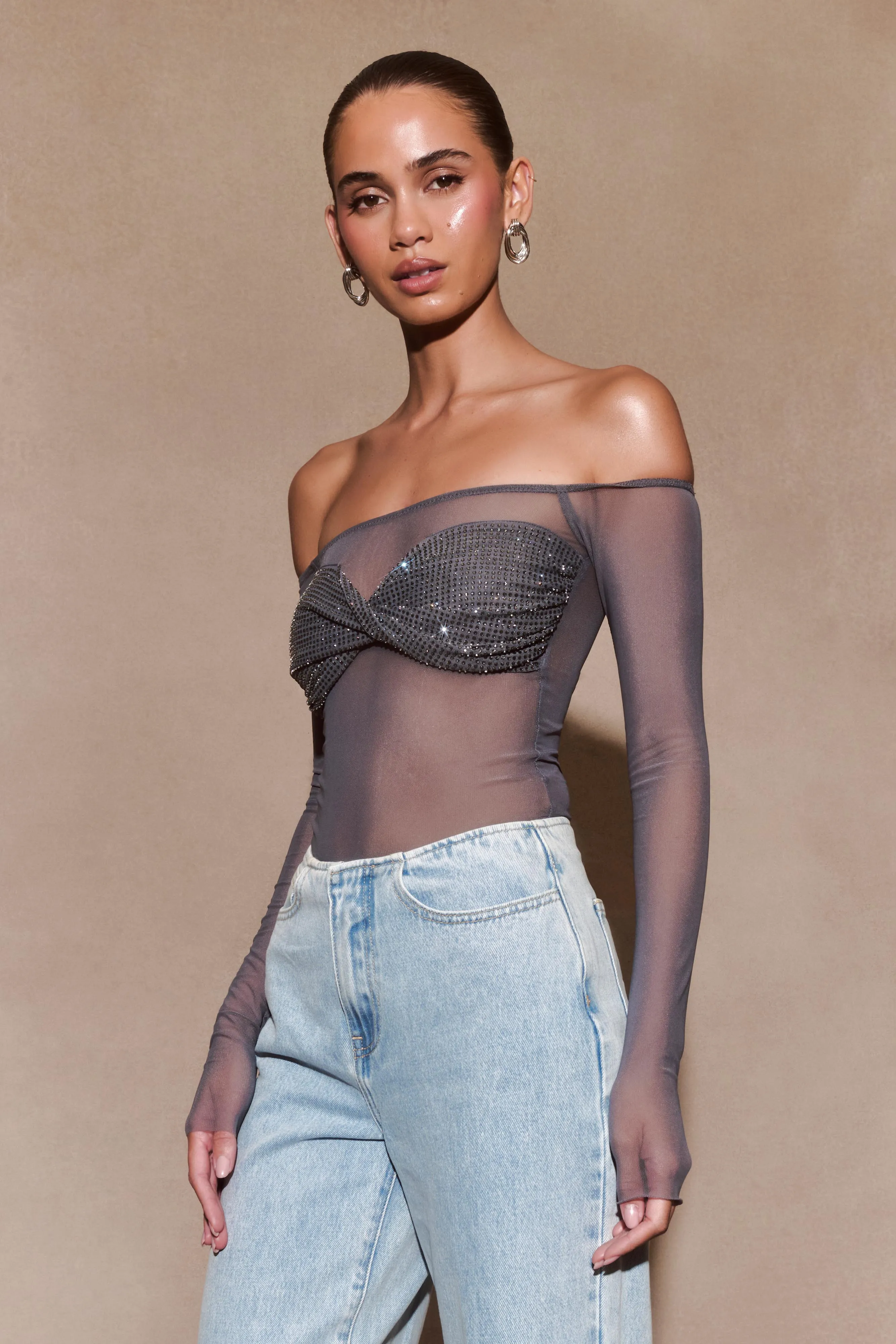 Garcelle Diamante Off Shoulder Top - Gunmetal Structured Shoulder SeamFreeShoulder