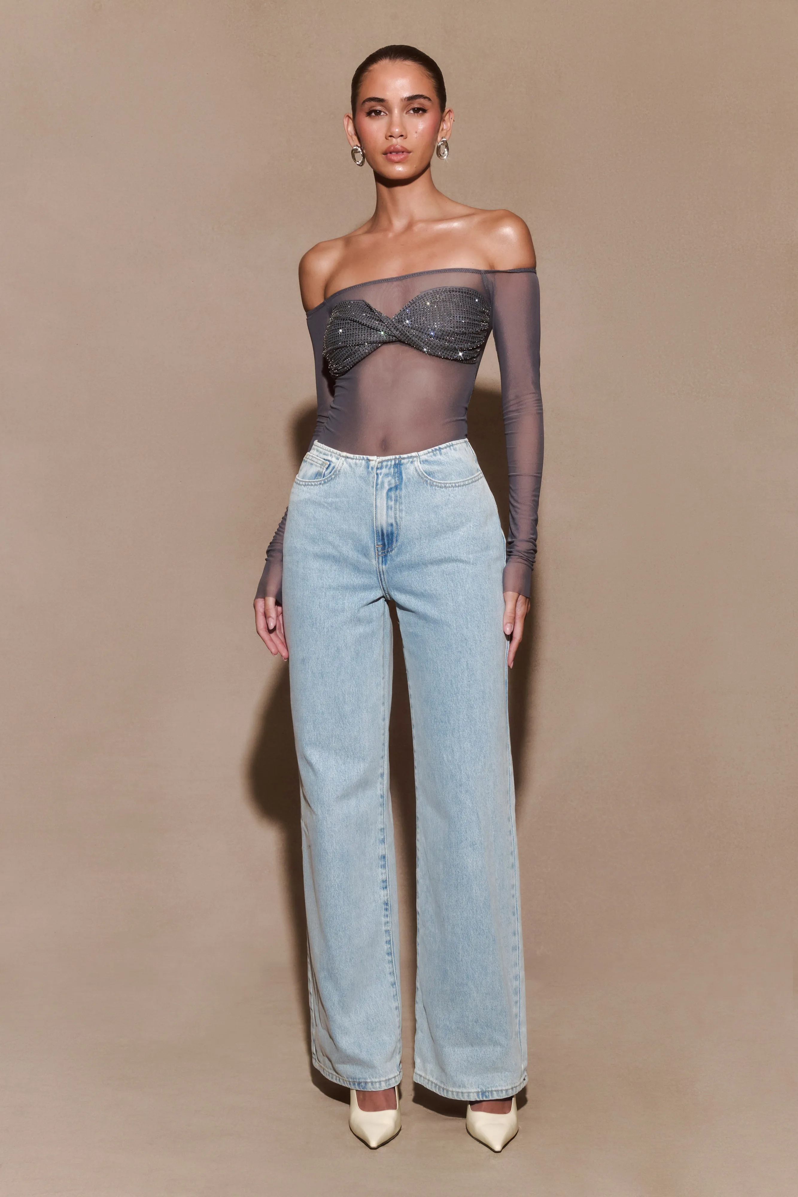 Garcelle Diamante Off Shoulder Top - Gunmetal Flexible Knit Fabric