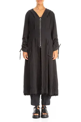 Gathered Sleeves Black Linen Hooded Jacket Adjustable Cuff System Everyday Layers