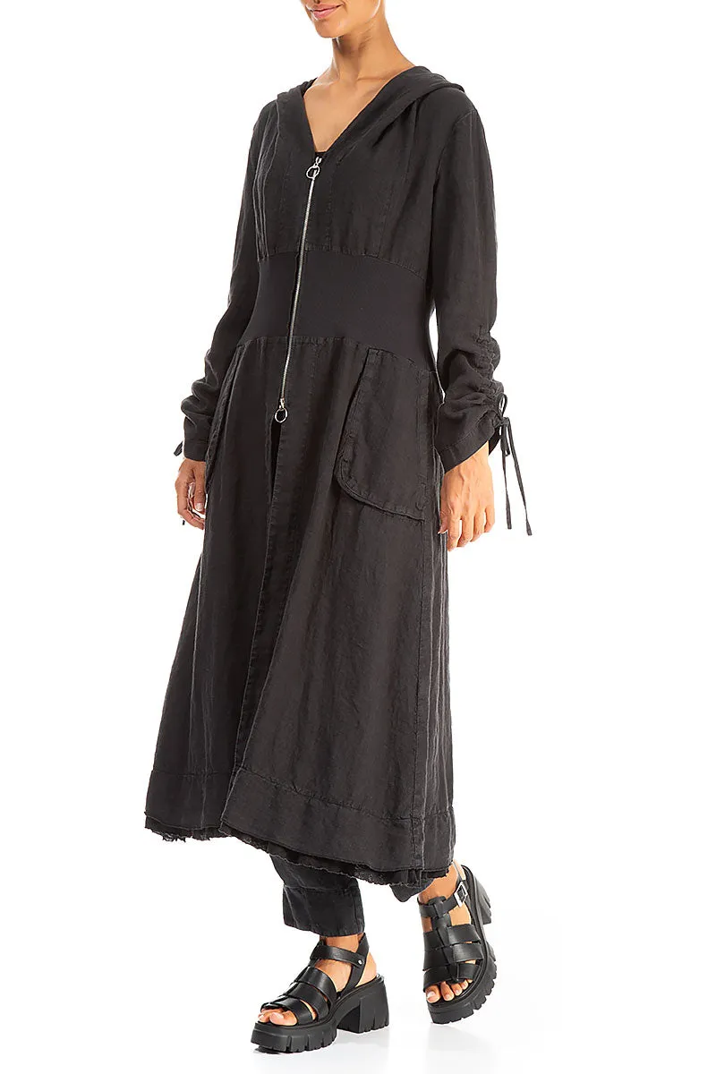 Gathered Sleeves Black Linen Hooded Jacket HeatRetentionTechnology