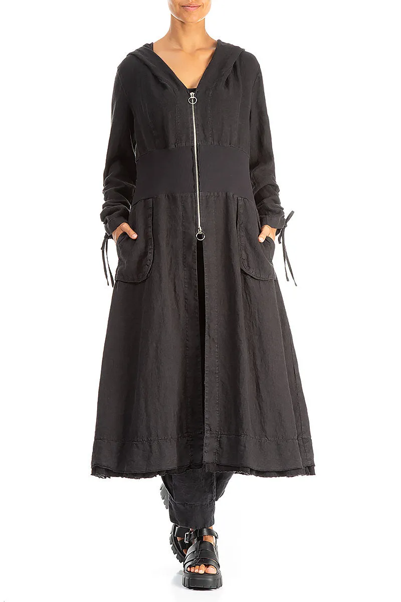 No Wrinkle Gathered Sleeves Black Linen Hooded Jacket