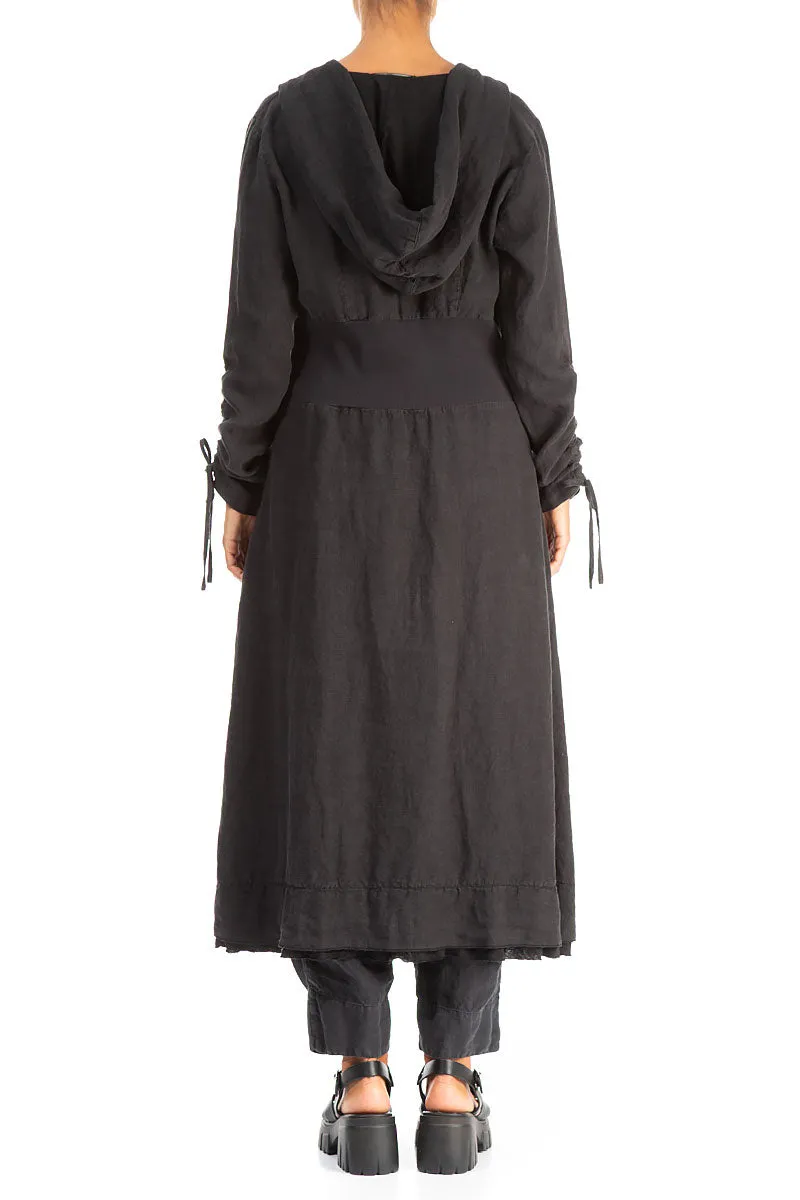 Windbreaker Style Gathered Sleeves Black Linen Hooded Jacket