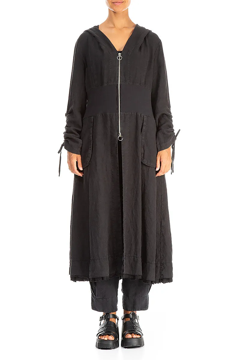 Gathered Sleeves Black Linen Hooded Jacket Adjustable Cuff System Everyday Layers