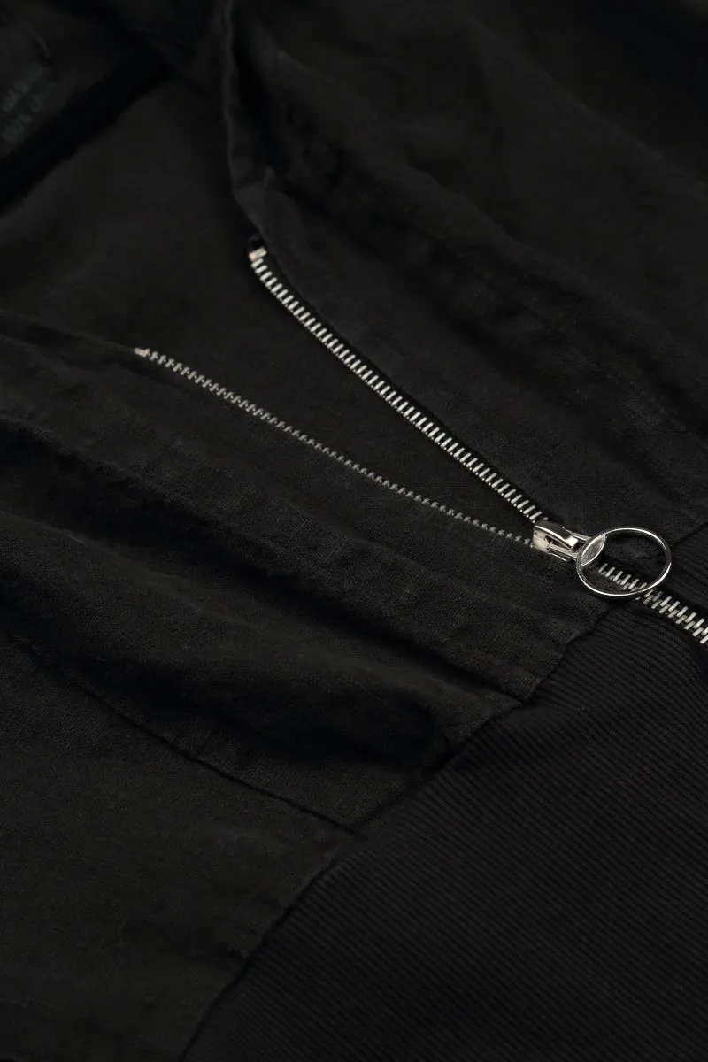 Gathered Sleeves Black Linen Hooded Jacket Work Tough