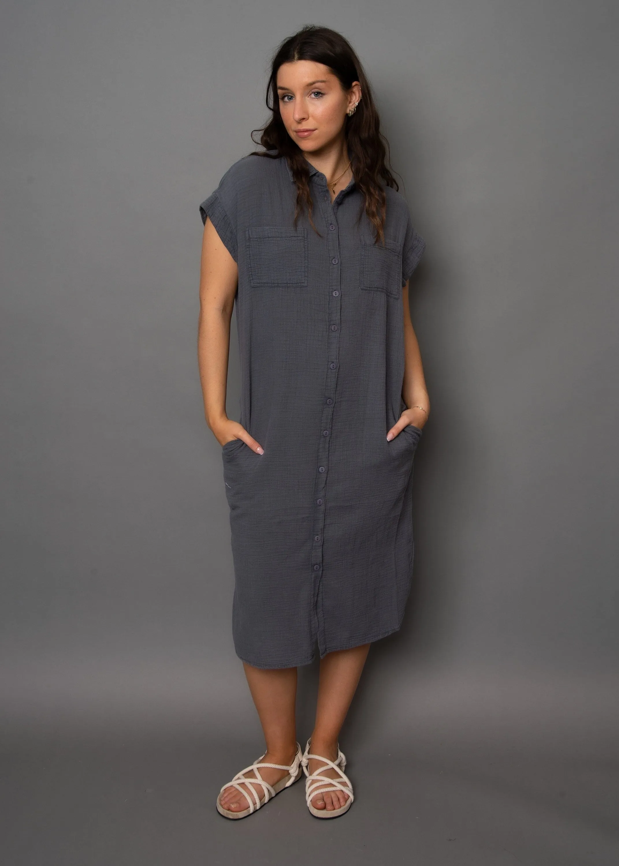 GAUZE SLEEVELESS DRESS (GREY) Power Soft Easy Texture