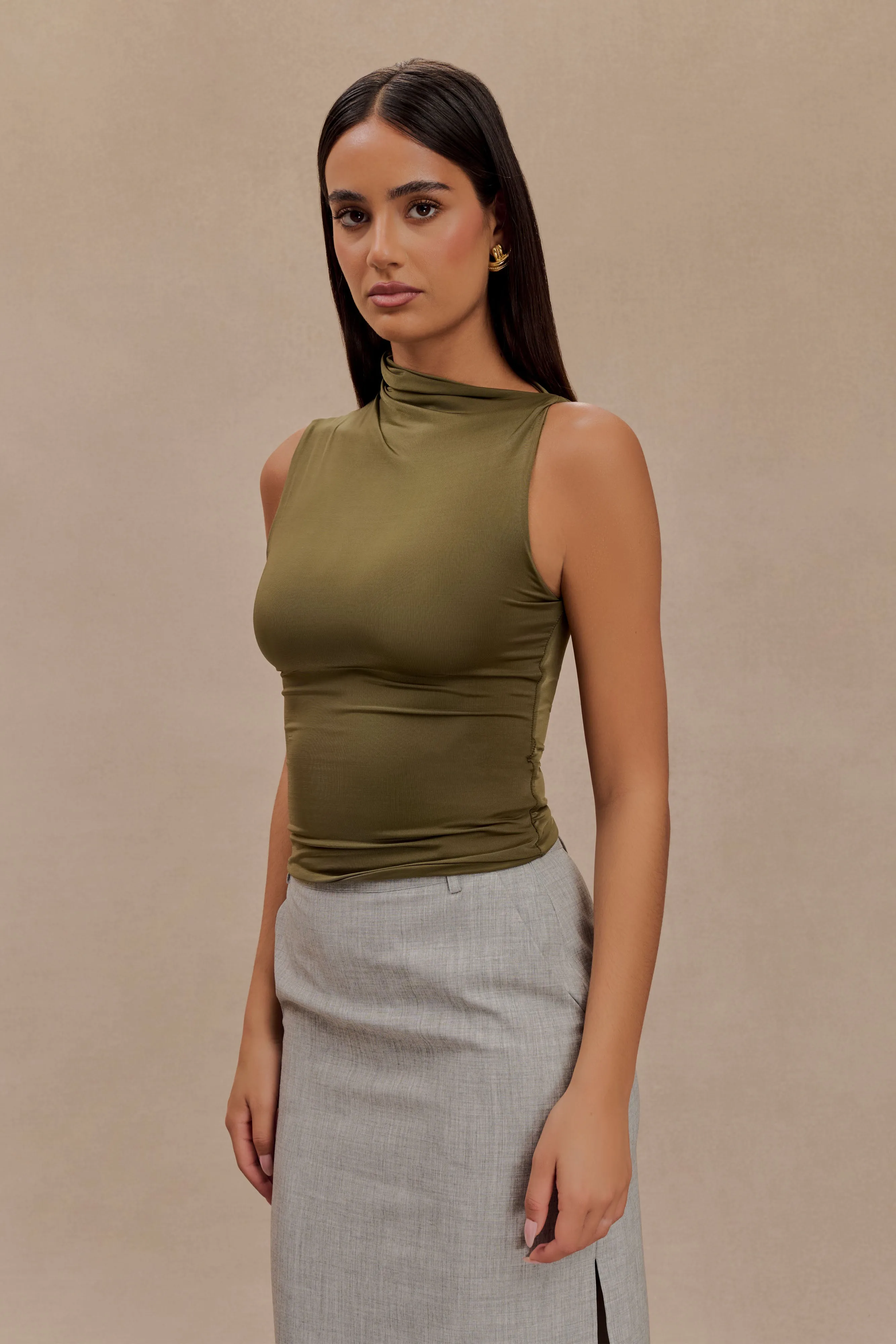 Hadleigh Sleeveless Slinky Top - Dark Olive Casual Wear OdorResistant Treatment
