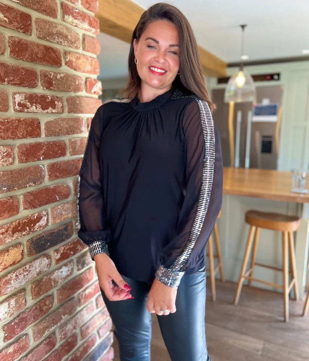 Black and Silver Sequin Evening Blouse UniversalFit