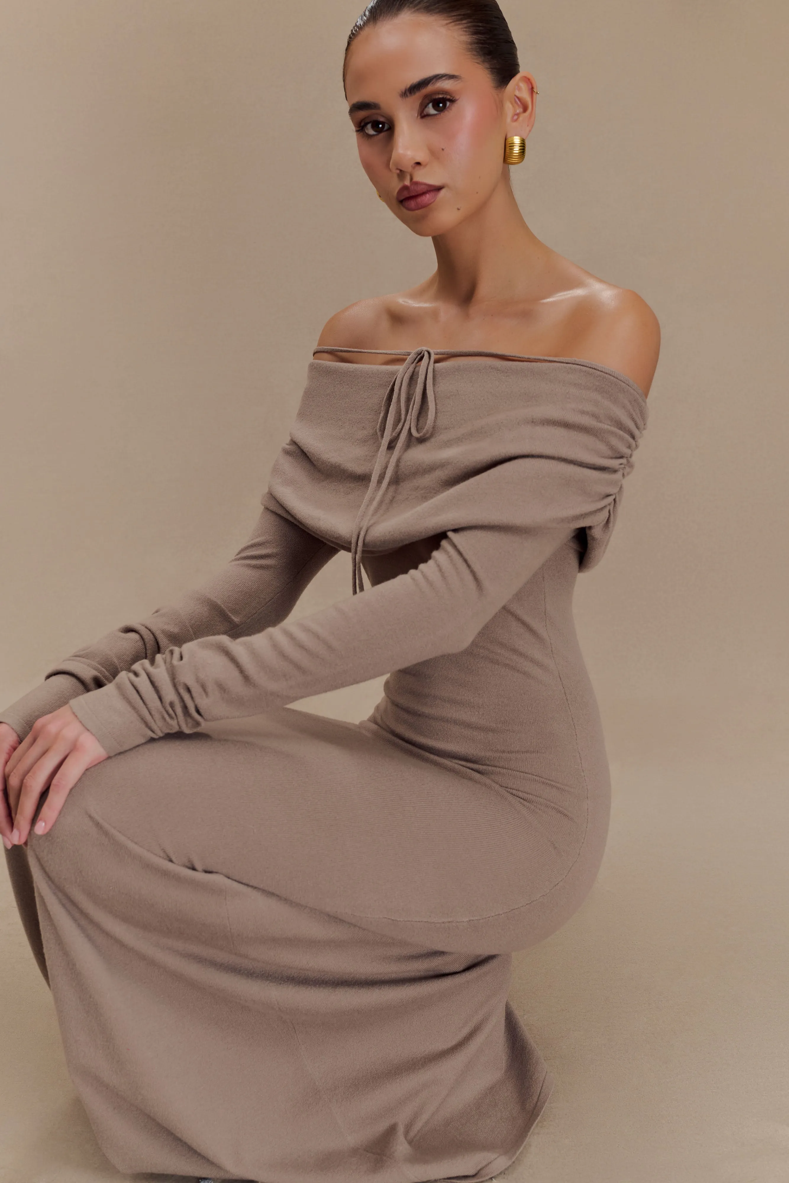 Georgiana Off Shoulder Knit Midi Dress - Stone Marle Modest Light