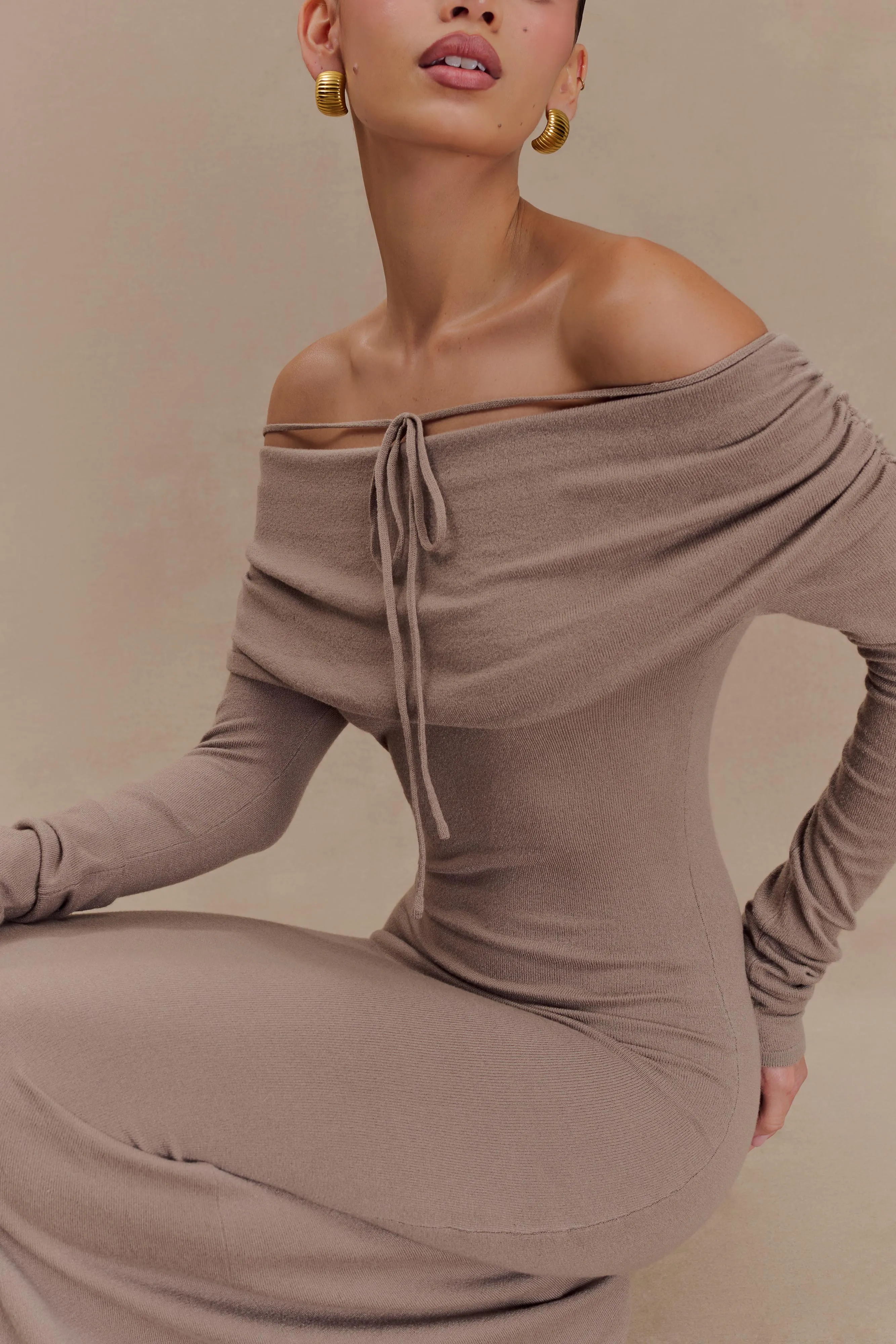 All Timewear Light material Georgiana Off Shoulder Knit Midi Dress - Stone Marle