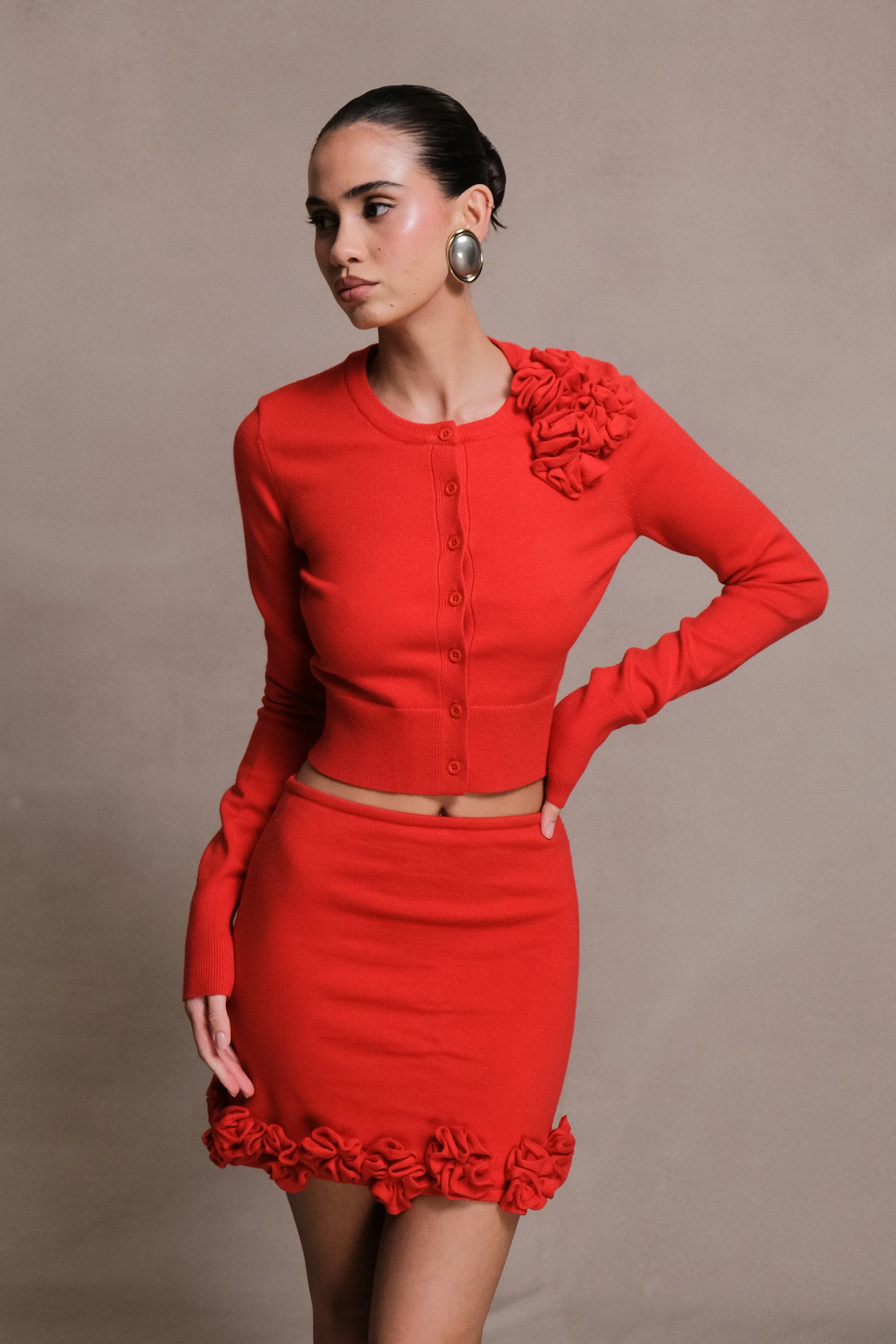 Smart Design anti static coating Gianna Knit Cardigan With Flowers - Red