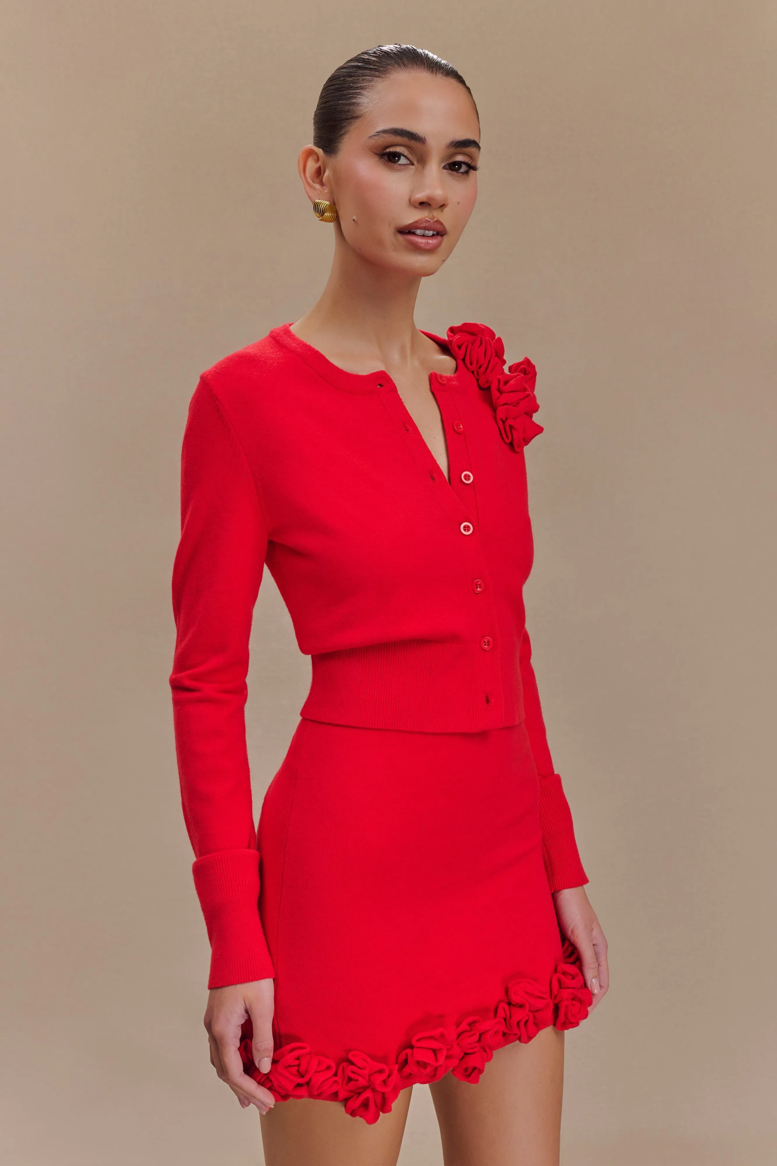 Double Layered Collar Gianna Knit Cardigan With Flowers - Red