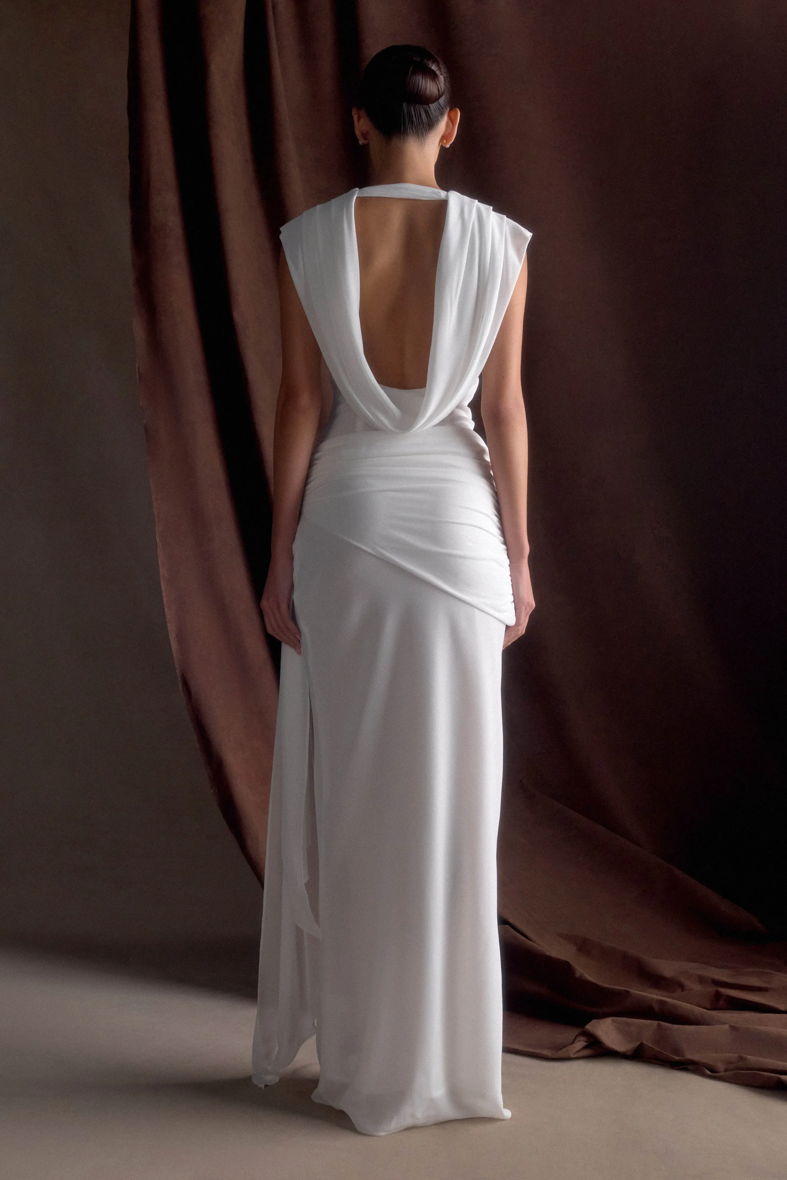 Elegant Wearable Stylish Silhouette Giulia Chiffon Draped Maxi Dress - White