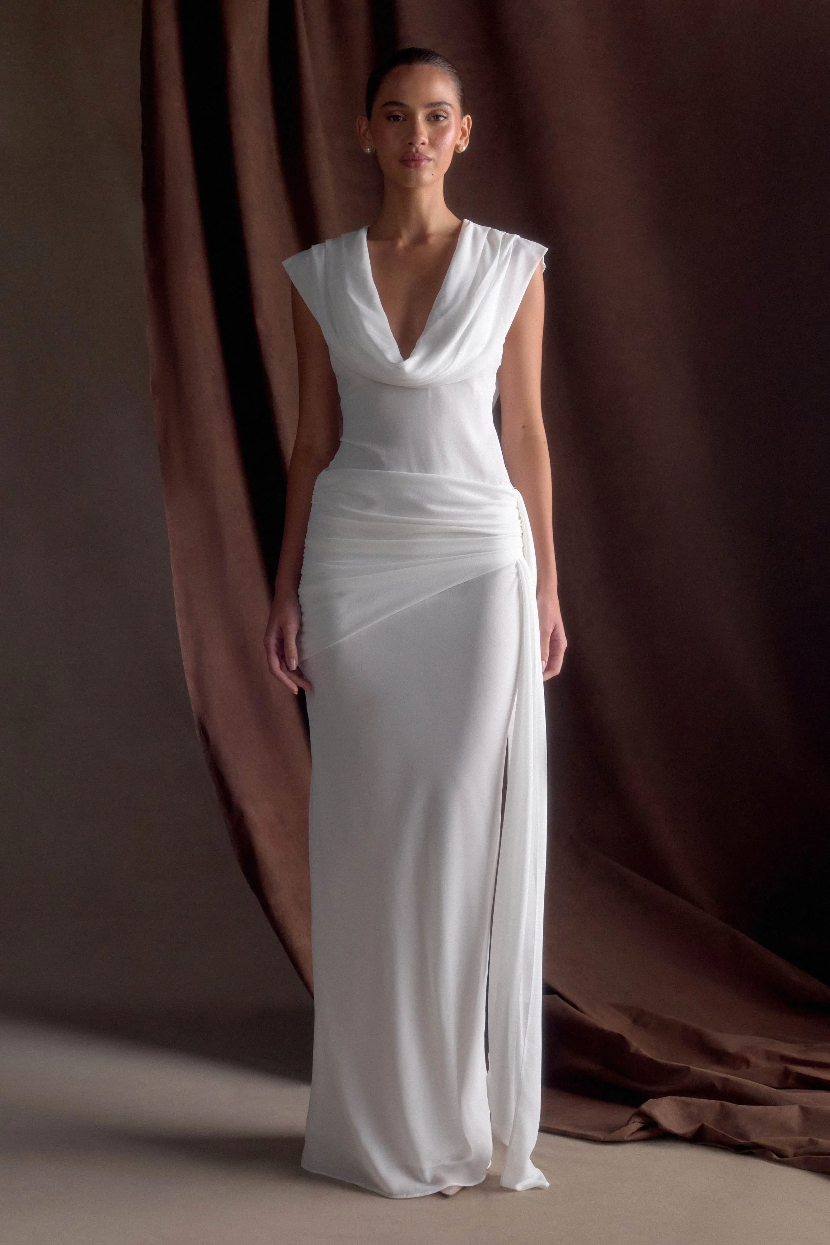 Giulia Chiffon Draped Maxi Dress - White Olive Fresh Gloss Accent