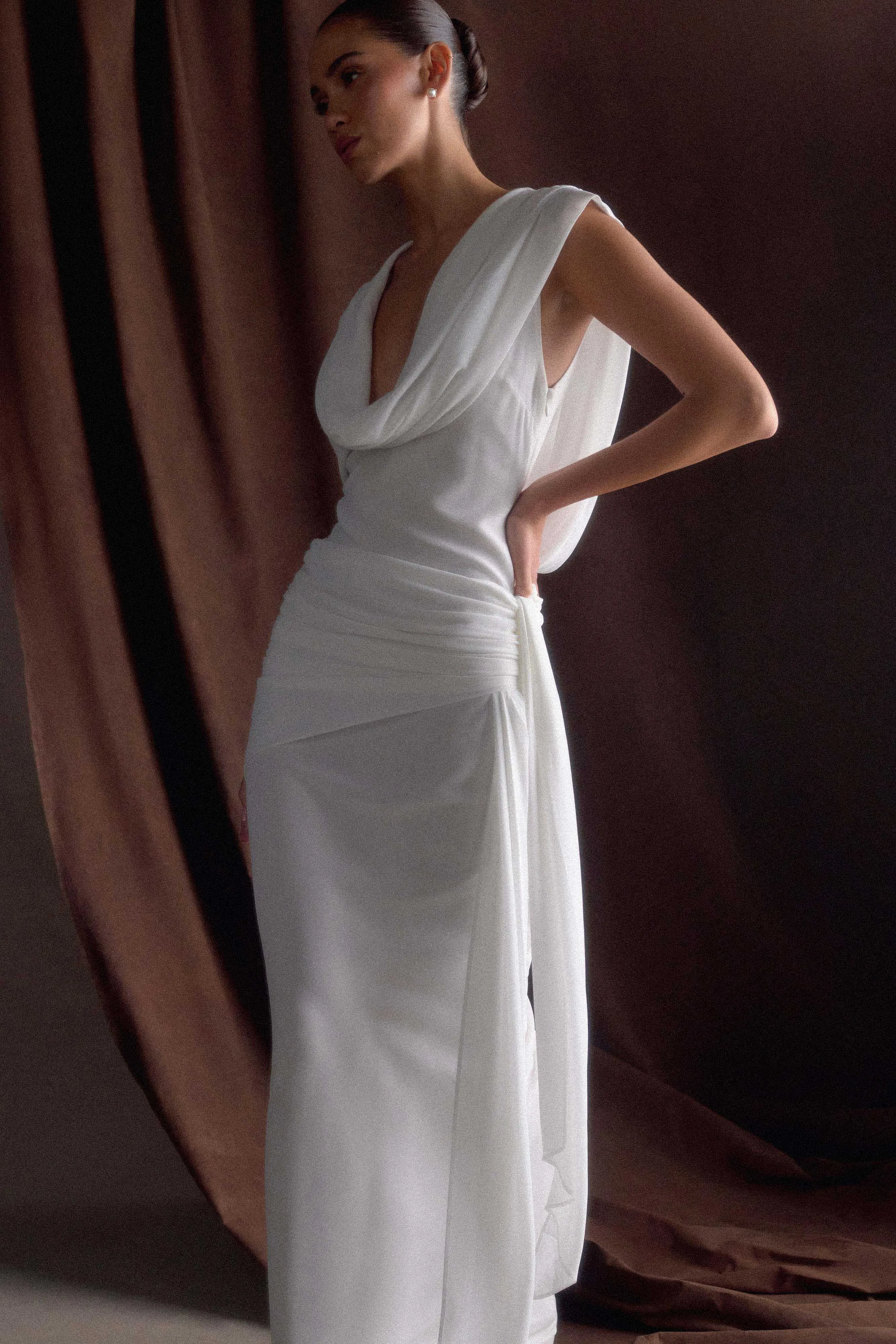 Work Chic Feminine Movement Giulia Chiffon Draped Maxi Dress - White