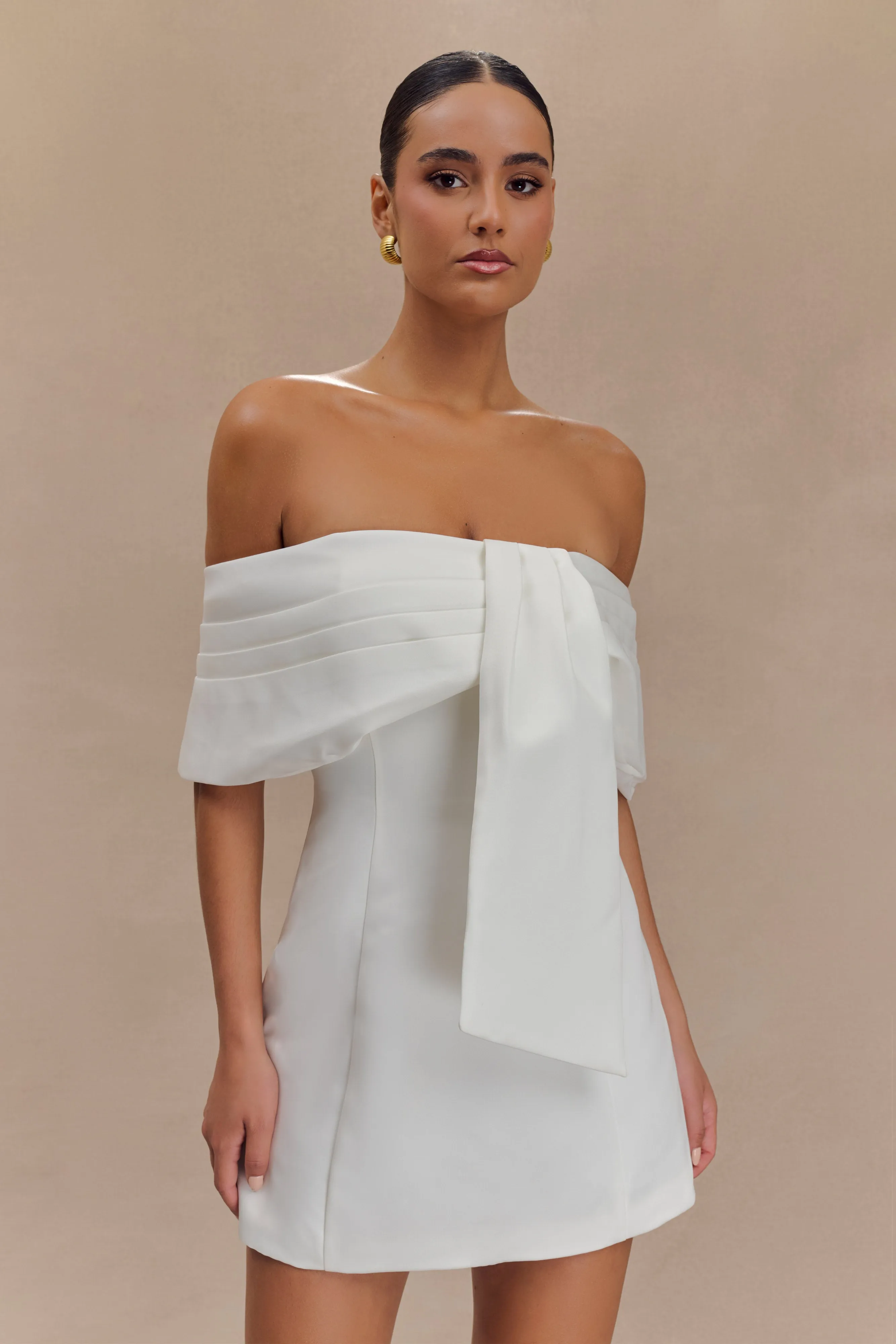 Chilly Comfort Wear Bridal-Shower Gloria Mini Off Shoulder Drape Dress - White