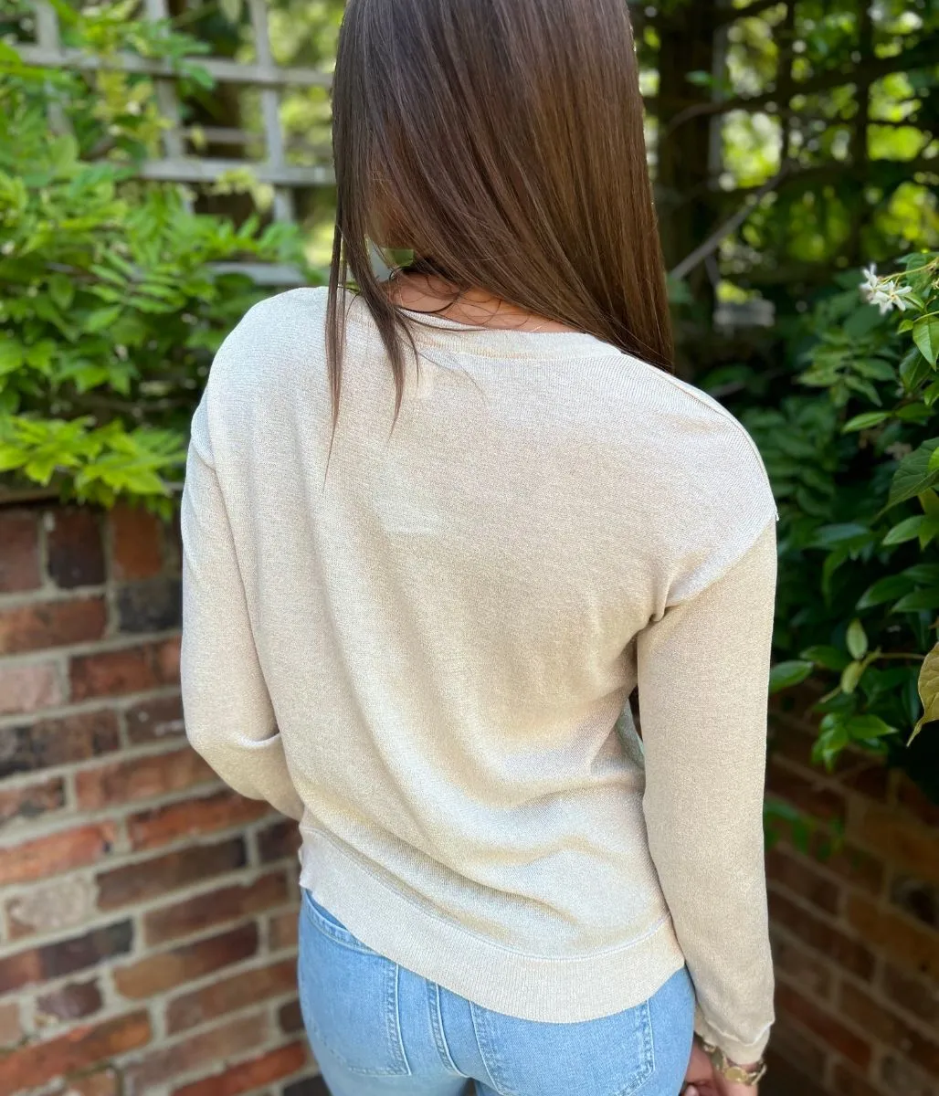 Cozy Essential Casual Comfort Wear Gold Sparkly Fine Knit Jumper