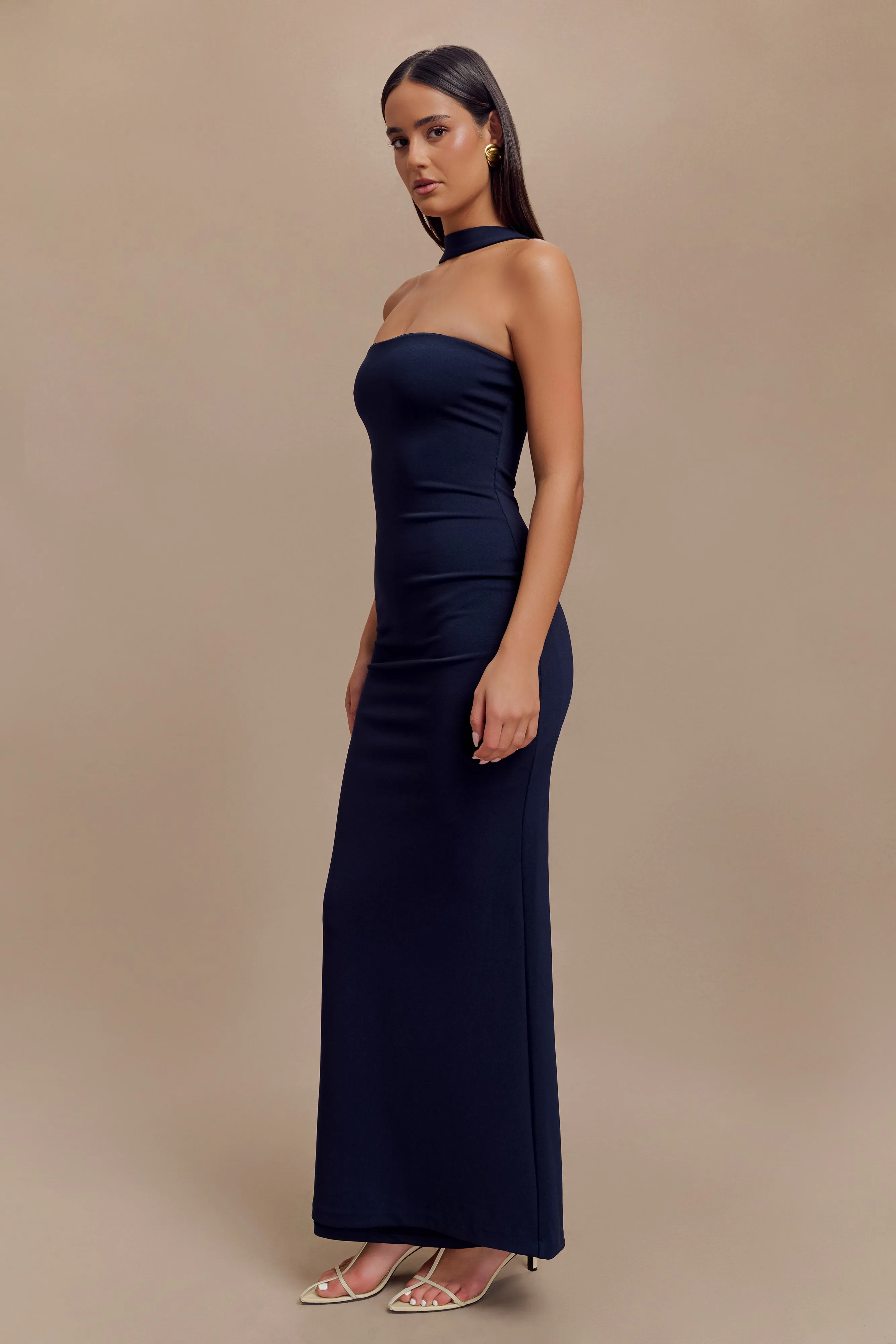 Charming Comfort Boho Aesthetic Velma Halter Collar Maxi Dress - Dark Navy