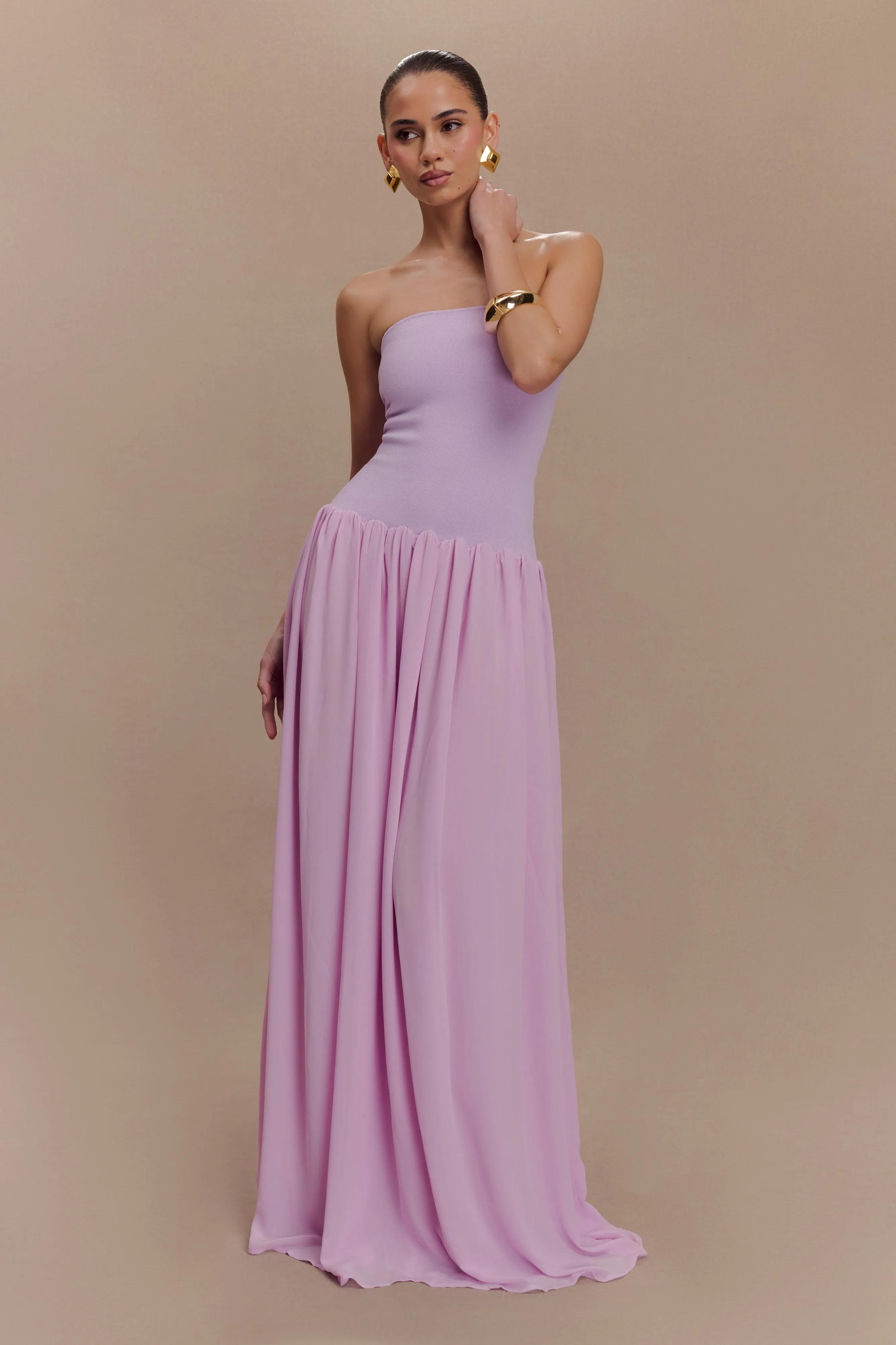 Cool Texture Layering-Piece Lyanna Knit And Chiffon Strapless Maxi Dress - Lilac