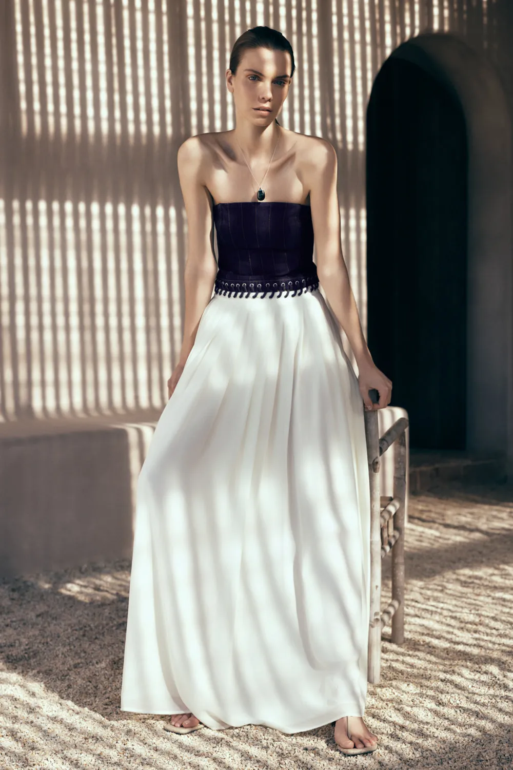 Suella Chiffon Denim Maxi Dress - Indigo Blue Button Accent