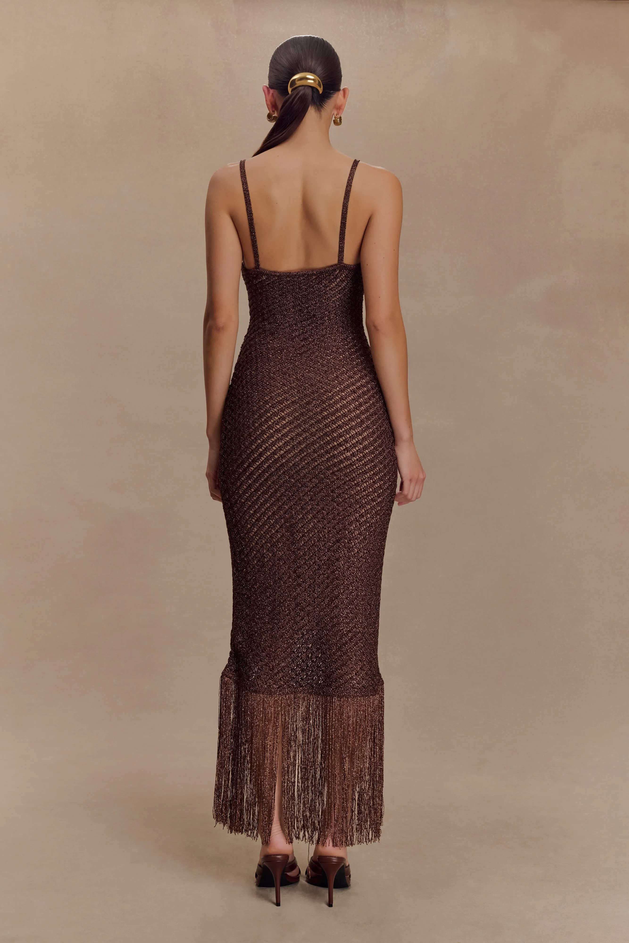 Beach Walk Raelynn Metallic Knit Fringe Midi Dress - Dark Chocolate