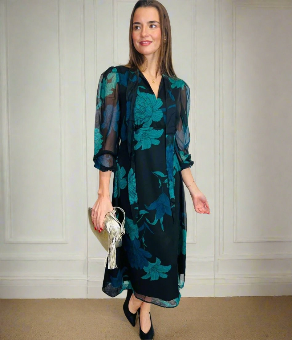 Floral Chiffon Tie Neck Midi Dress Relaxed Layer Comfortable and Flattering