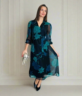 Floral Chiffon Tie Neck Midi Dress Subtle Look