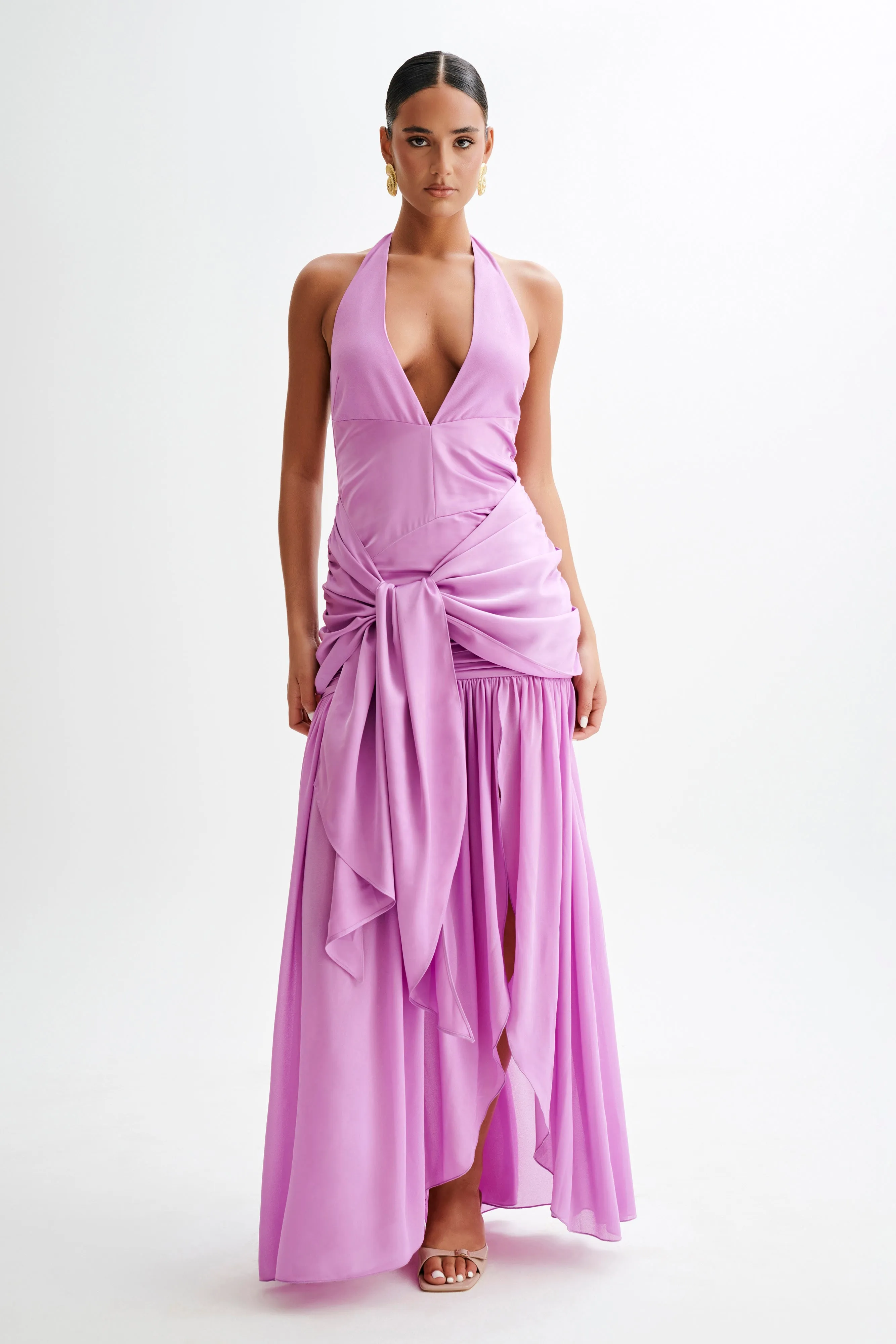 Clean Base Retro Vibes Graziana Satin Chiffon Plunge Maxi Dress - Violet