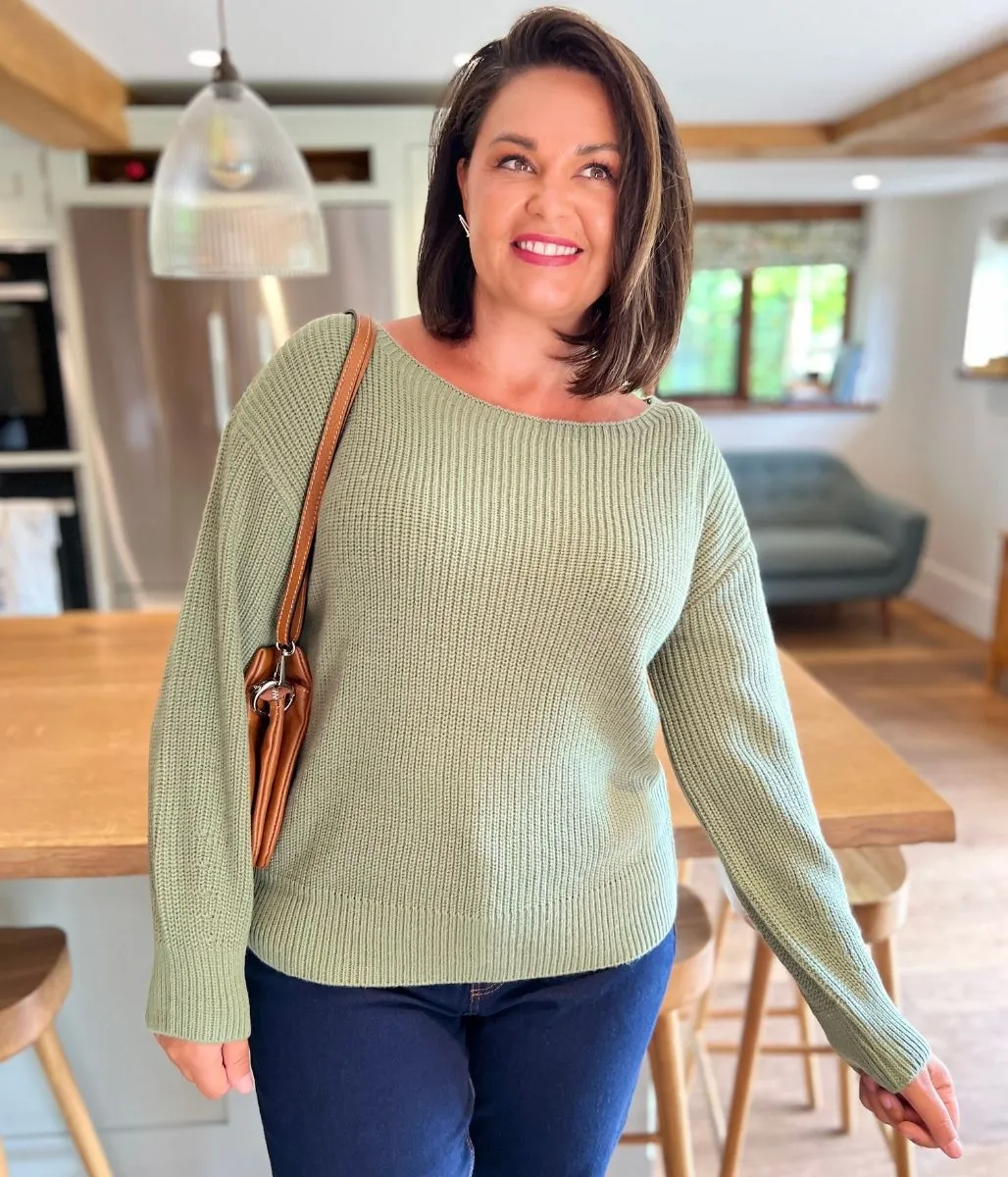 Green Boat Neck Knitted Jumper Cozy Fleece Cozy Essentials