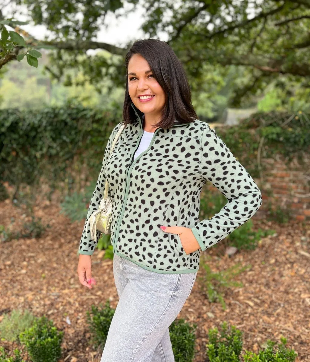Lounge Wear Breezy Fit Green Leopard Print Soft Full Zip Fleece