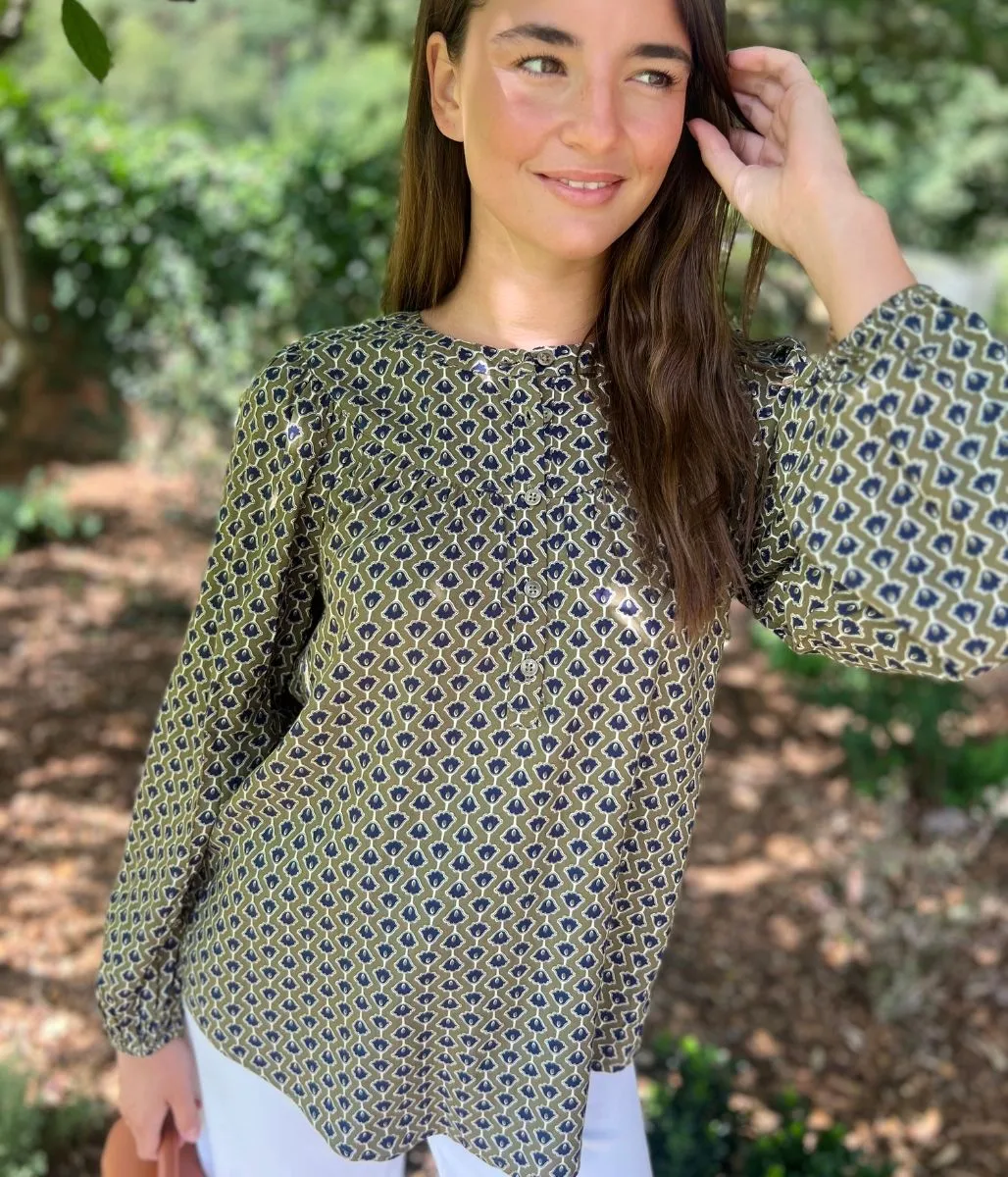 FlexSeamTechnology Green Printed Popover Blouse