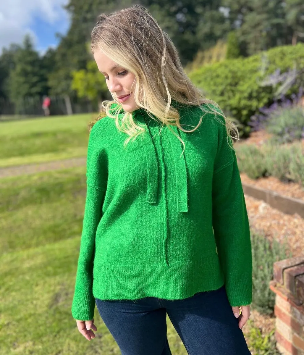 Winter Cozy Green Relaxed Knitted Hooded Jumper